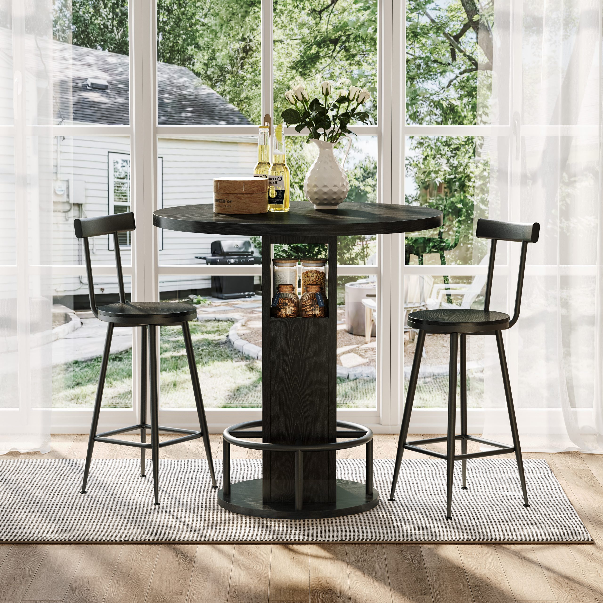 3-Piece Bar Table and Stool Set 31.5-inch round bar table with two stools Compact wooden dining bar with metal ring footrest Ideal for restaurants, cafes, bars, living rooms, and small spaces,Black - Image 2