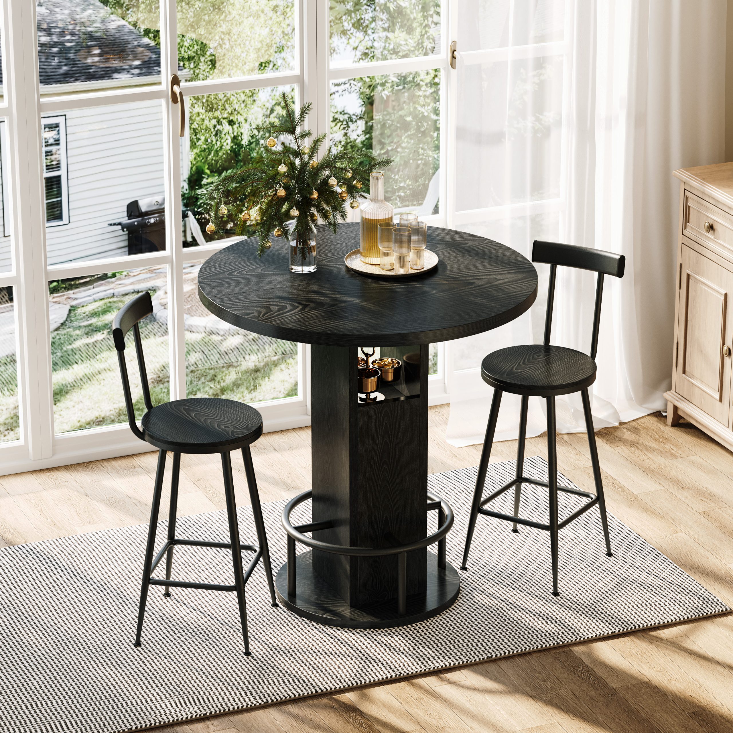 3-Piece Bar Table and Stool Set 31.5-inch round bar table with two stools Compact wooden dining bar with metal ring footrest Ideal for restaurants, cafes, bars, living rooms, and small spaces,Black - Image 3