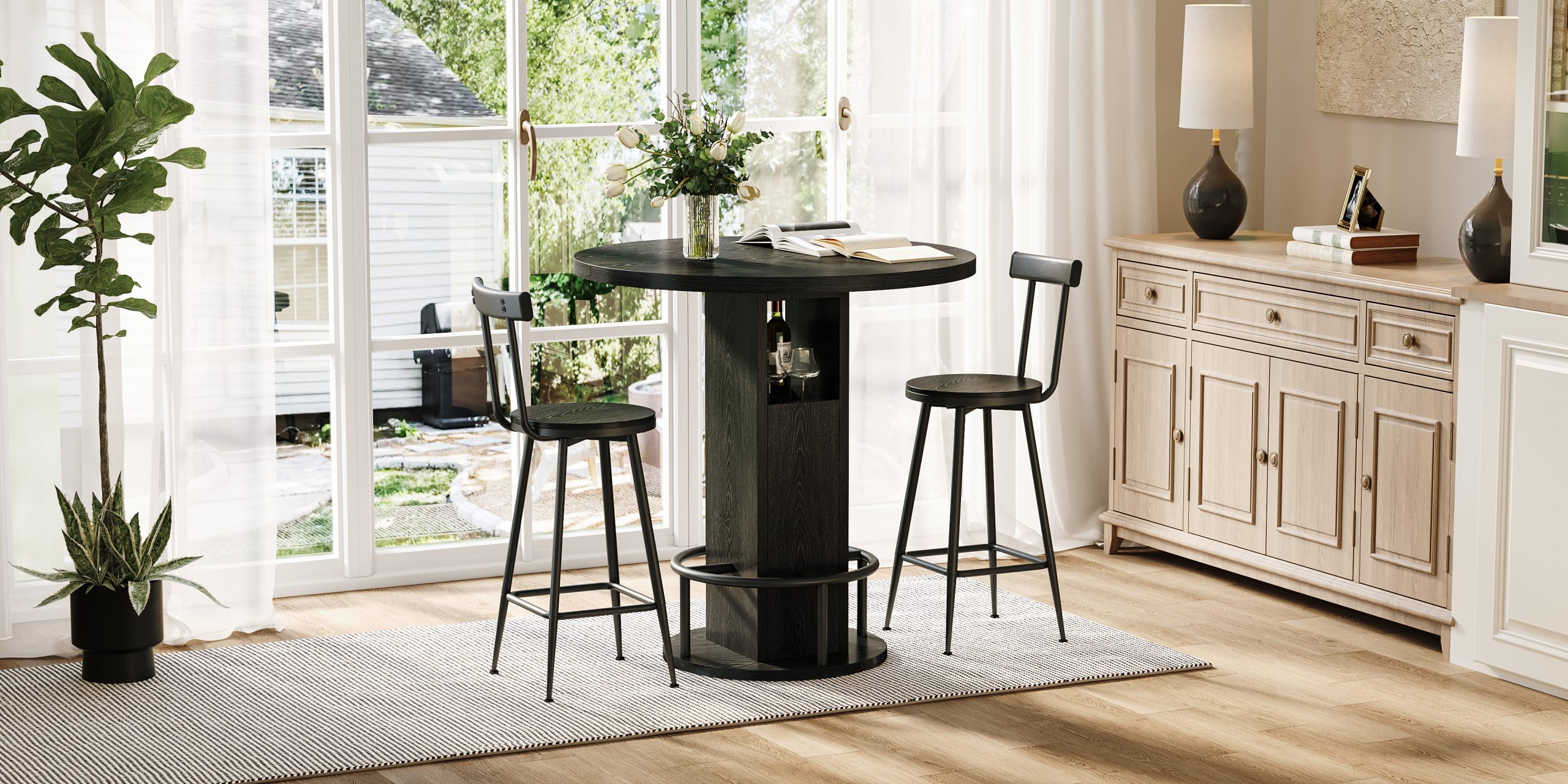 3-Piece Bar Table and Stool Set 31.5-inch round bar table with two stools Compact wooden dining bar with metal ring footrest Ideal for restaurants, cafes, bars, living rooms, and small spaces,Black - Image 4