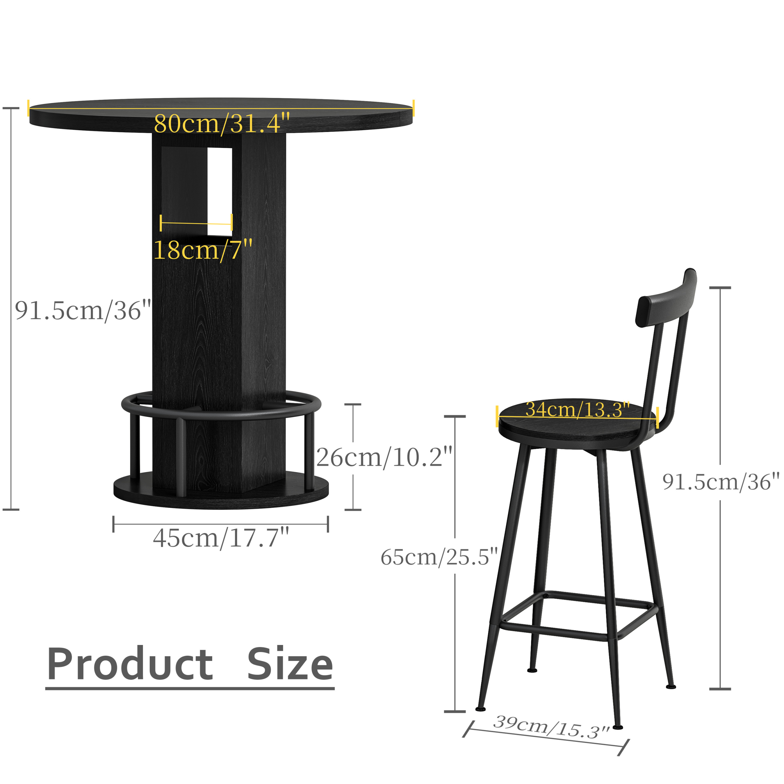 3-Piece Bar Table and Stool Set 31.5-inch round bar table with two stools Compact wooden dining bar with metal ring footrest Ideal for restaurants, cafes, bars, living rooms, and small spaces,Black - Image 5