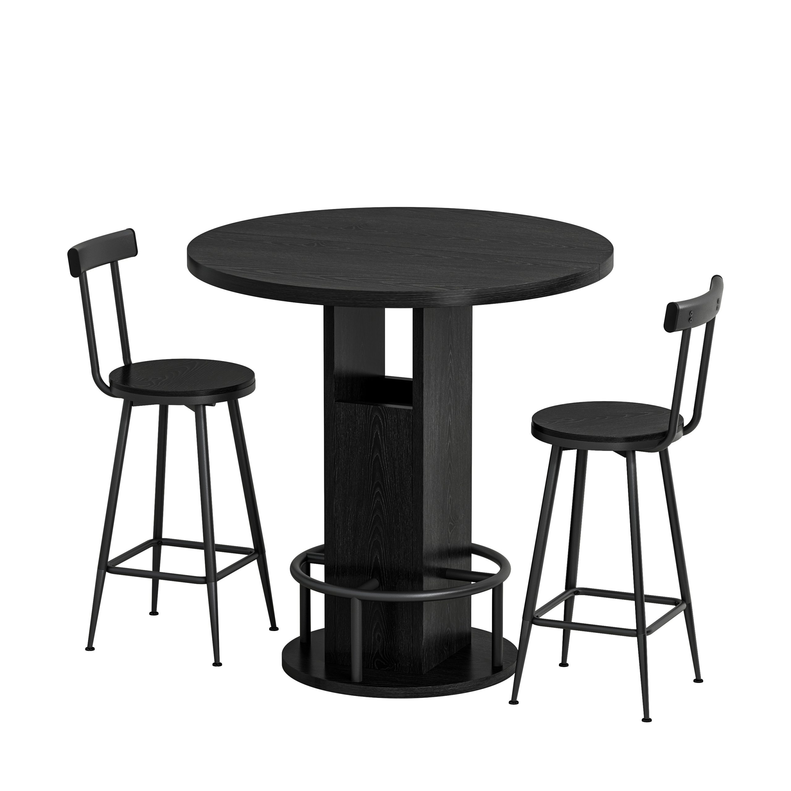 3-Piece Bar Table and Stool Set 31.5-inch round bar table with two stools Compact wooden dining bar with metal ring footrest Ideal for restaurants, cafes, bars, living rooms, and small spaces,Black - Image 6