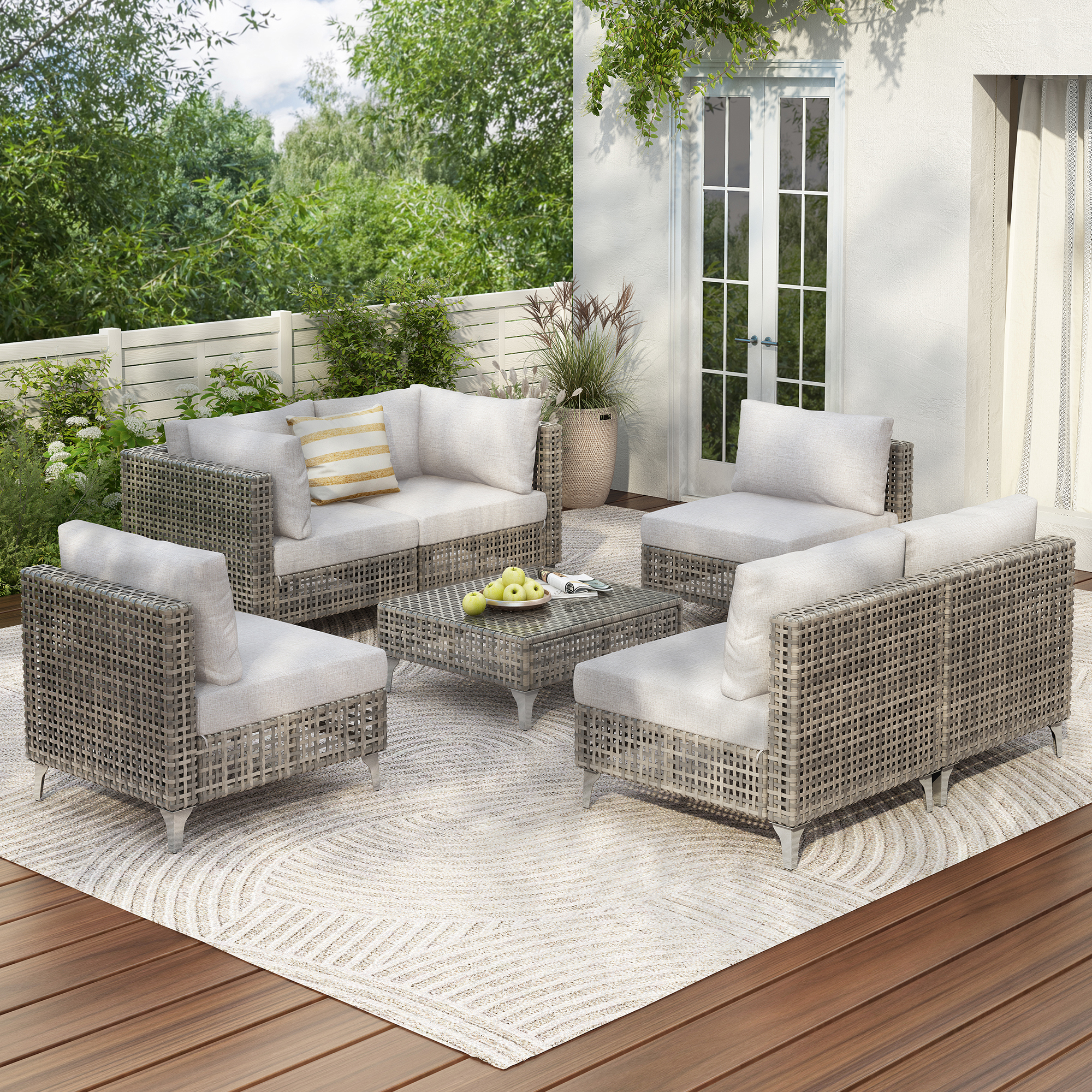 K&K 7-Piece Wicker Patio Furniture Set, Outdoor Conversation Set Sectional Sofa with Water Resistant Grey Thick Cushions and Coffee Table for Outdoor Couch, Porch, Backyard - Grey - Image 6