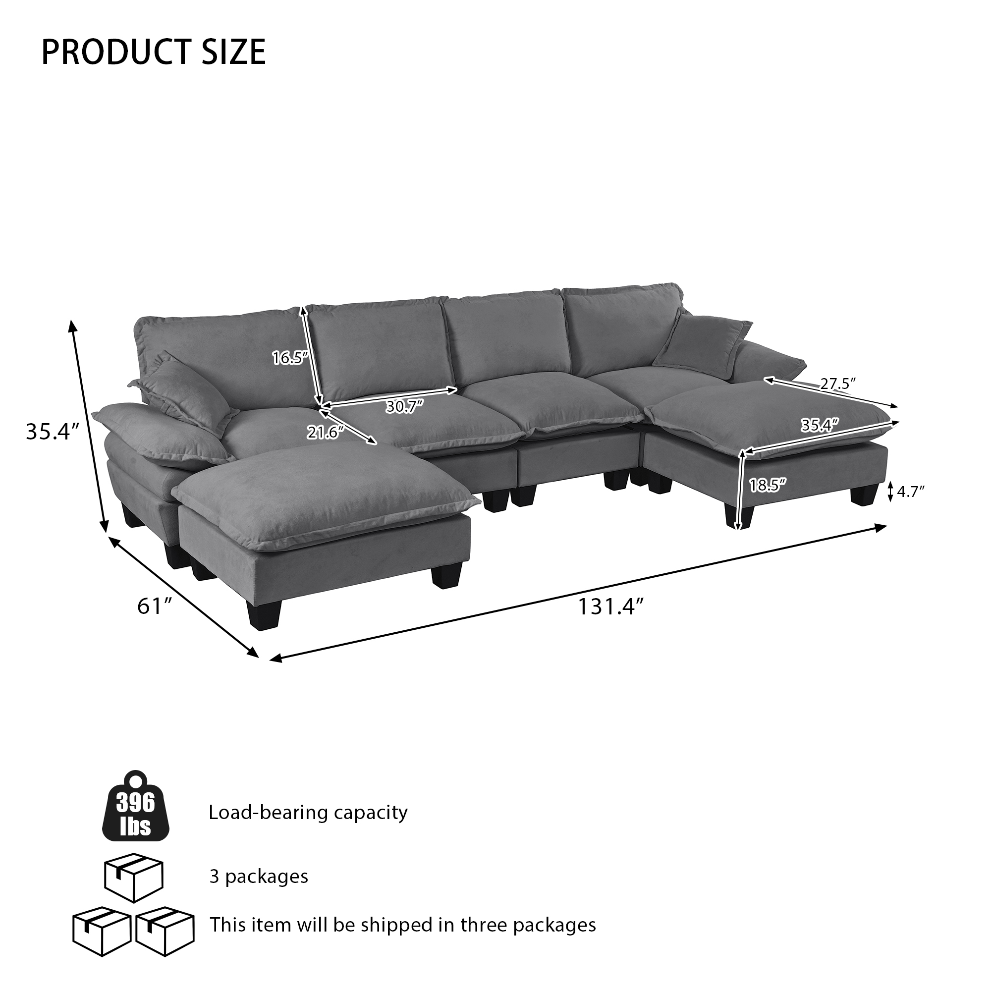 Modular Sectional Sofa, U-Shape Cloud Couch with Sailboat Design, 6-Seater Comfy Chenille Fabric Sofa with Movable Ottomans for Living Room Apartment, Grey - Image 2