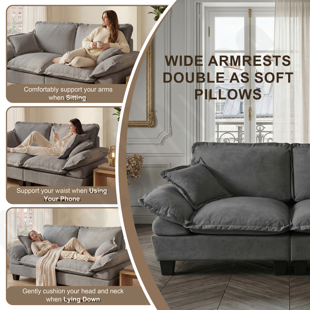 Chenille Sailboat Sofa, 2-Seater Modular Loveseat with Curved Armrests, Comfort-First Couch for Small Spaces & Apartments, Grey - Image 3