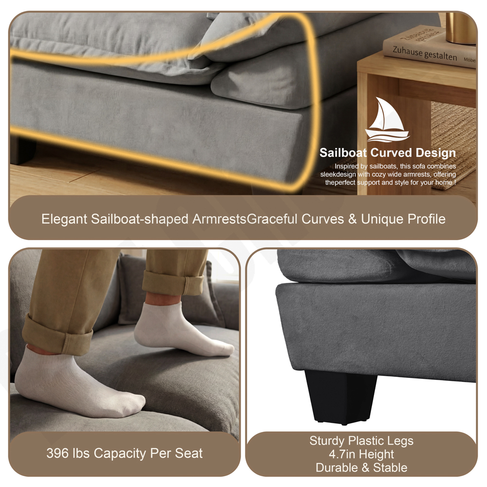 Chenille Sailboat Sofa, 2-Seater Modular Loveseat with Curved Armrests, Comfort-First Couch for Small Spaces & Apartments, Grey - Image 4