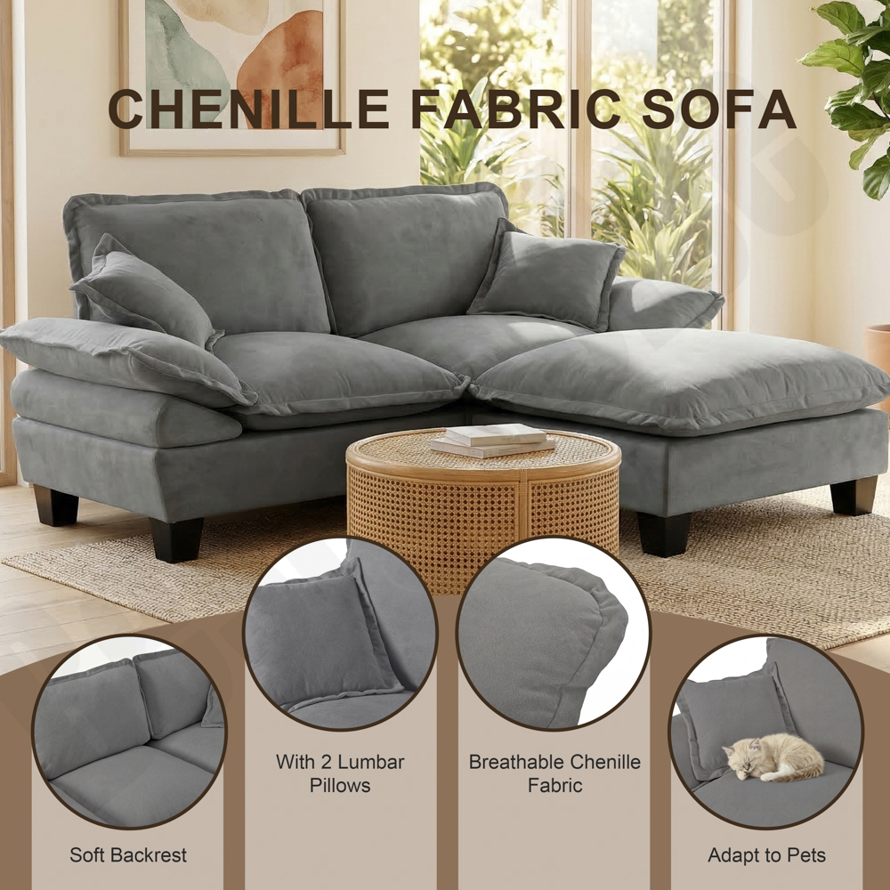Chenille Sailboat Sofa, 2-Seater Modular Loveseat with Curved Armrests, Comfort-First Couch for Small Spaces & Apartments, Grey - Image 5