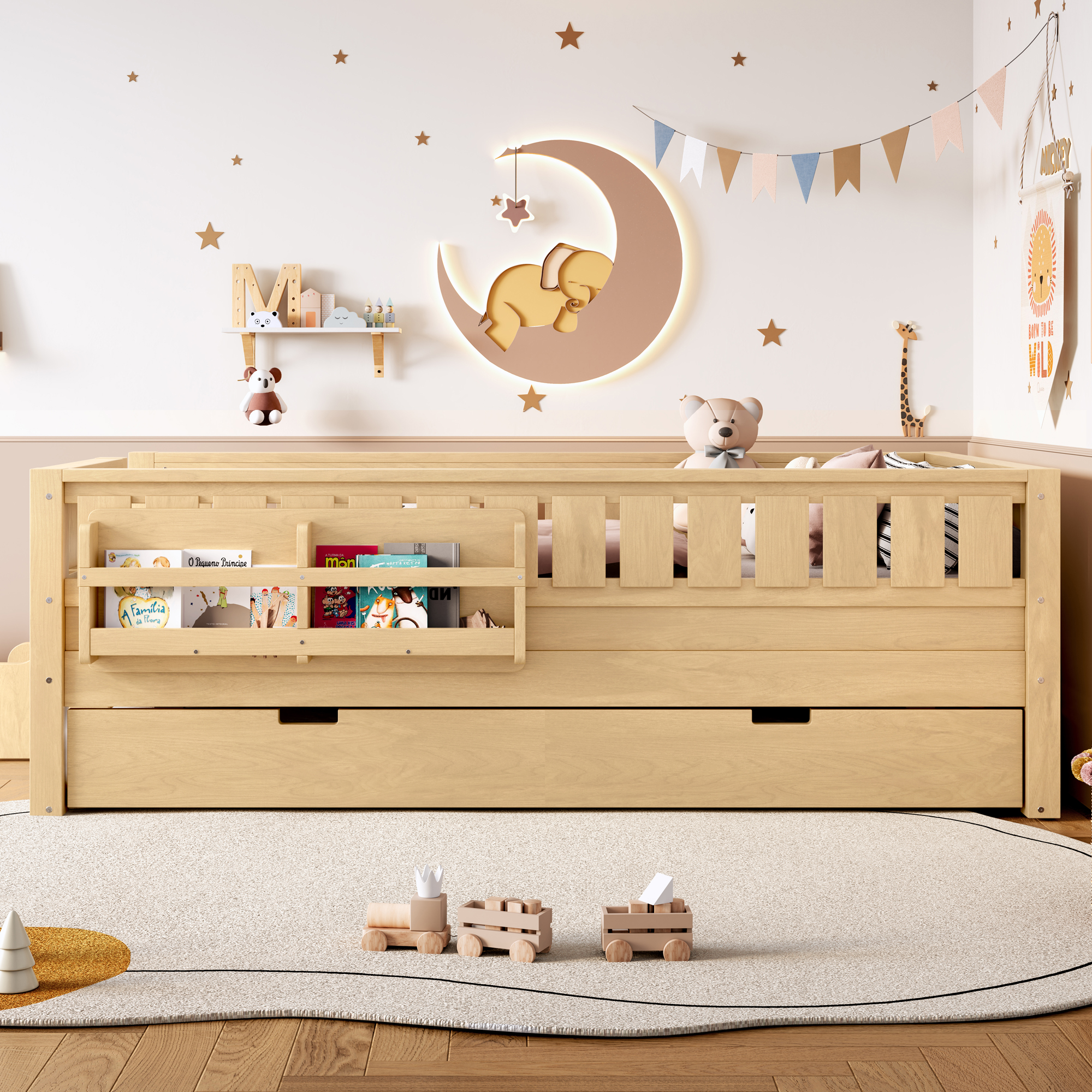 Twin with built-in bookshelves and small staircase, high-quality safety rails, and Trundle,Light Natural - Image 2