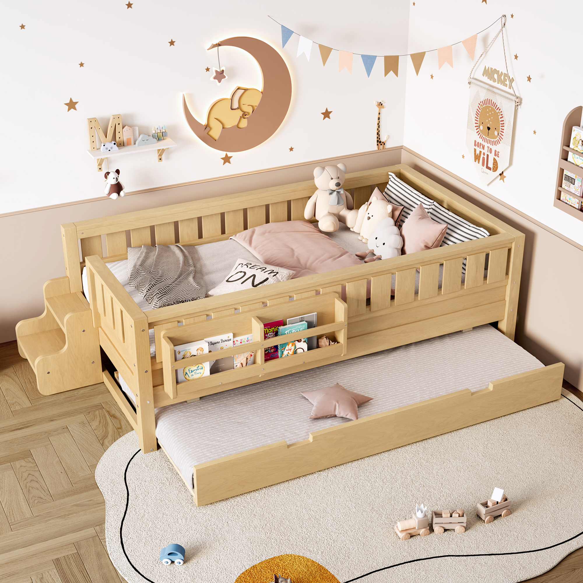 Twin with built-in bookshelves and small staircase, high-quality safety rails, and Trundle,Light Natural - Image 3
