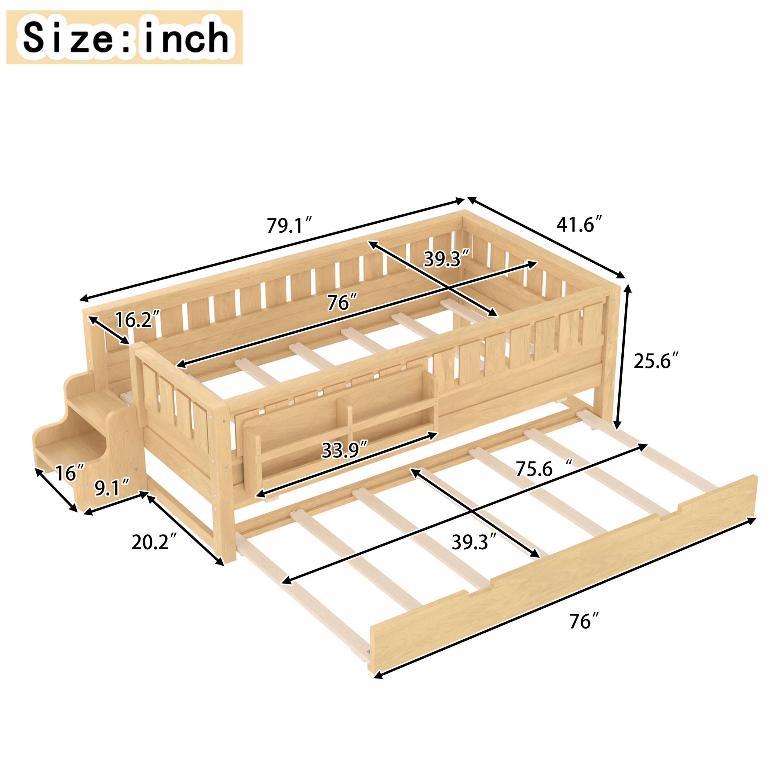 Twin with built-in bookshelves and small staircase, high-quality safety rails, and Trundle,Light Natural - Image 4