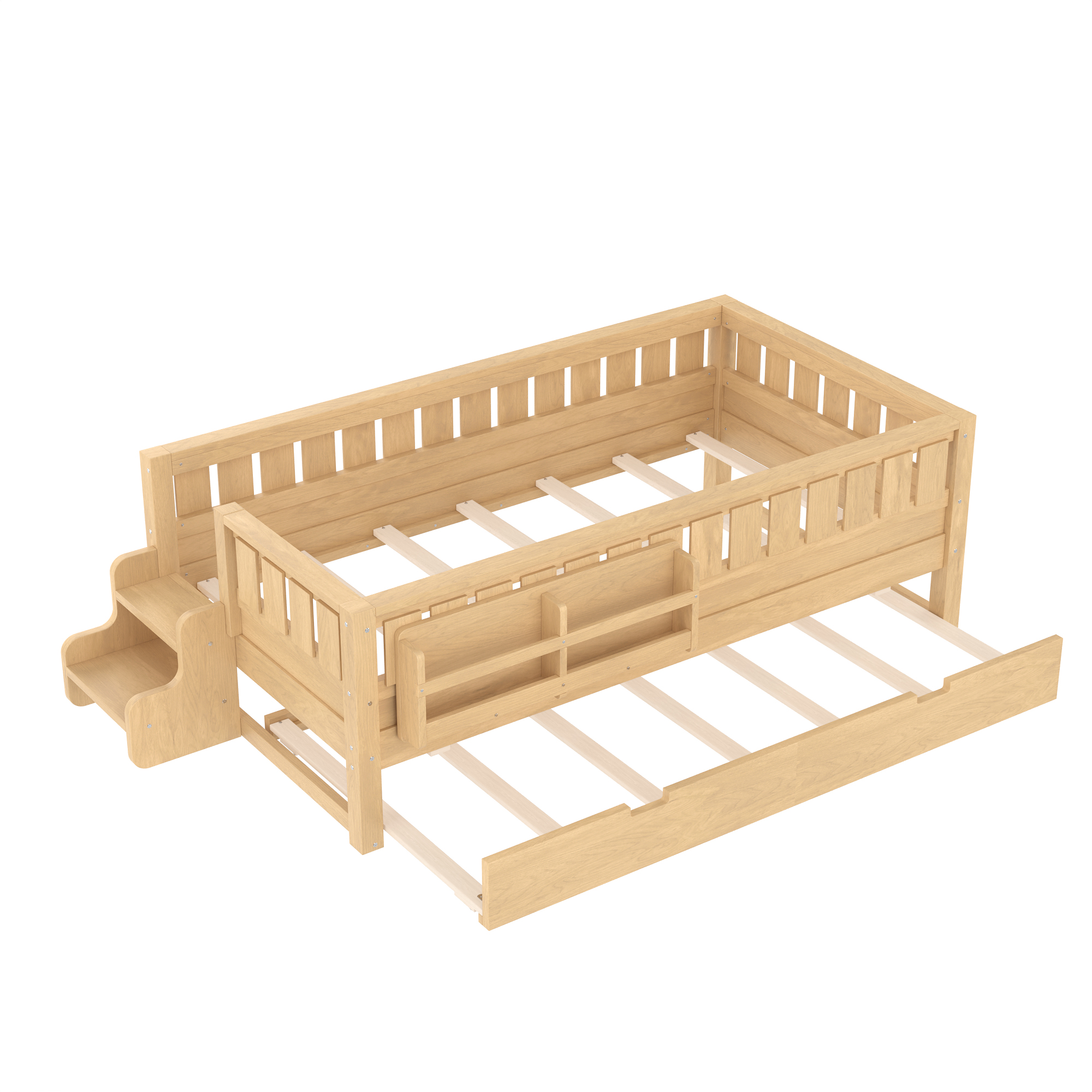 Twin with built-in bookshelves and small staircase, high-quality safety rails, and Trundle,Light Natural - Image 5