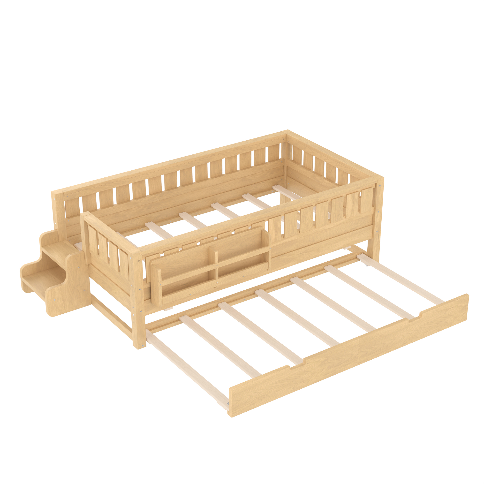 Twin with built-in bookshelves and small staircase, high-quality safety rails, and Trundle,Light Natural - Image 6