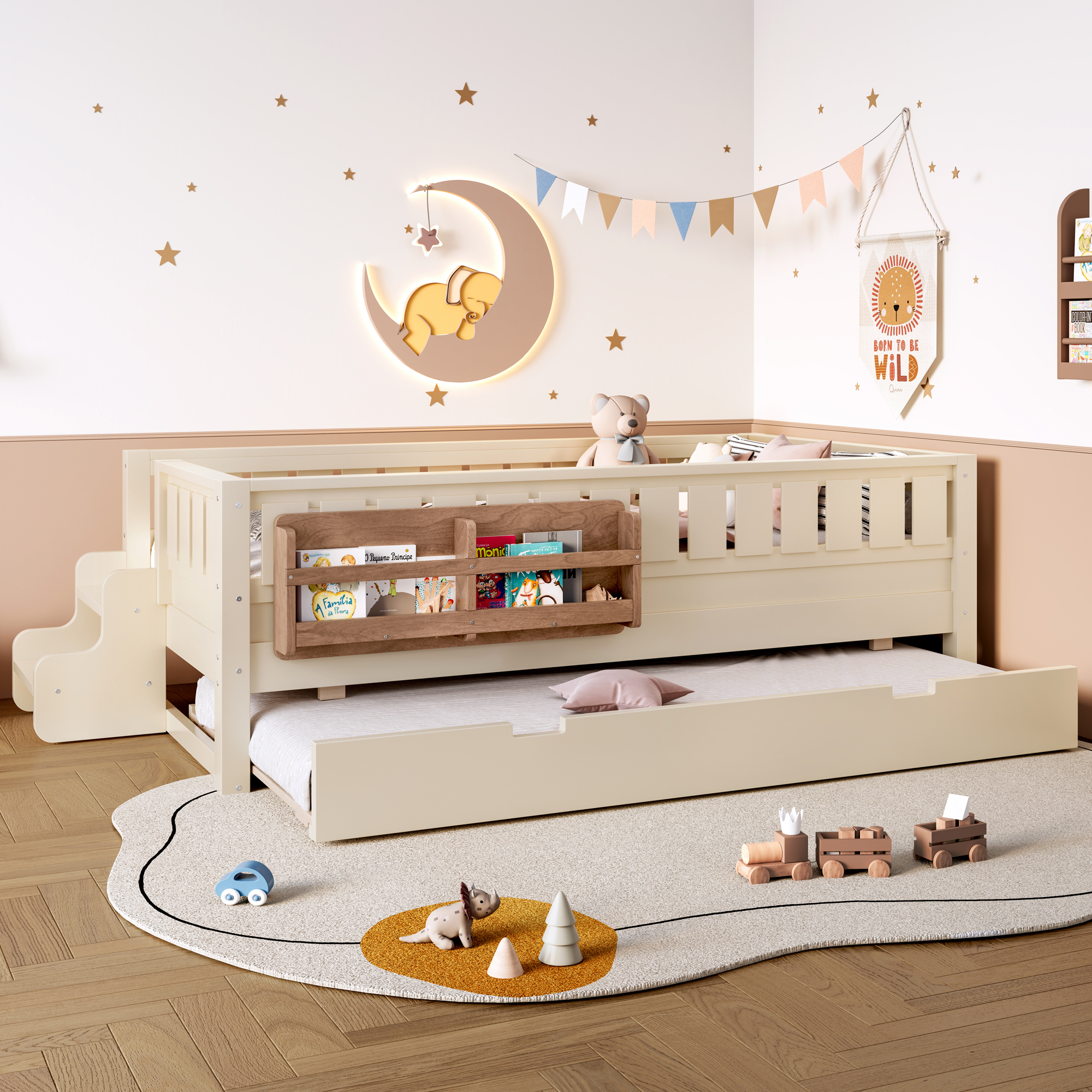 Twin with built-in bookshelves and small staircase, high-quality safety rails, and Trundle, Beige - Image 2
