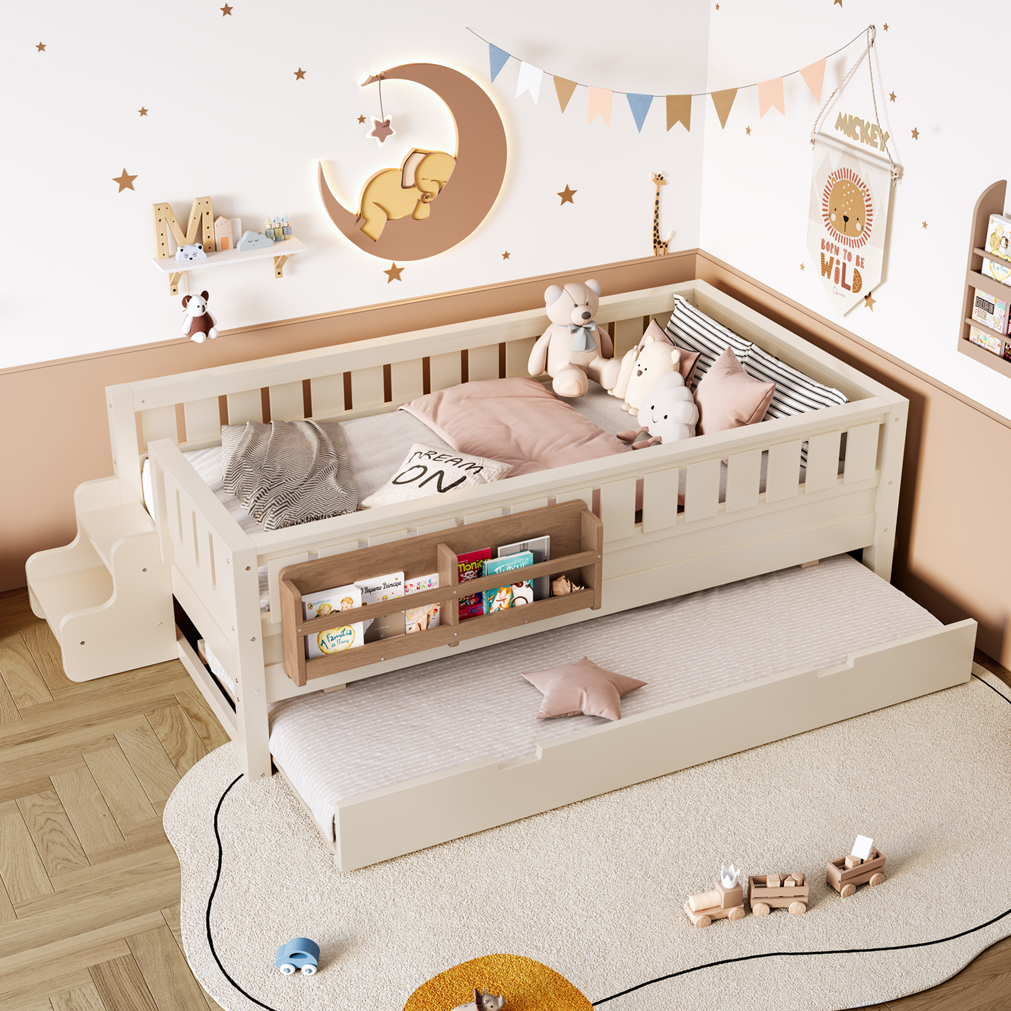 Twin with built-in bookshelves and small staircase, high-quality safety rails, and Trundle, Beige - Image 3