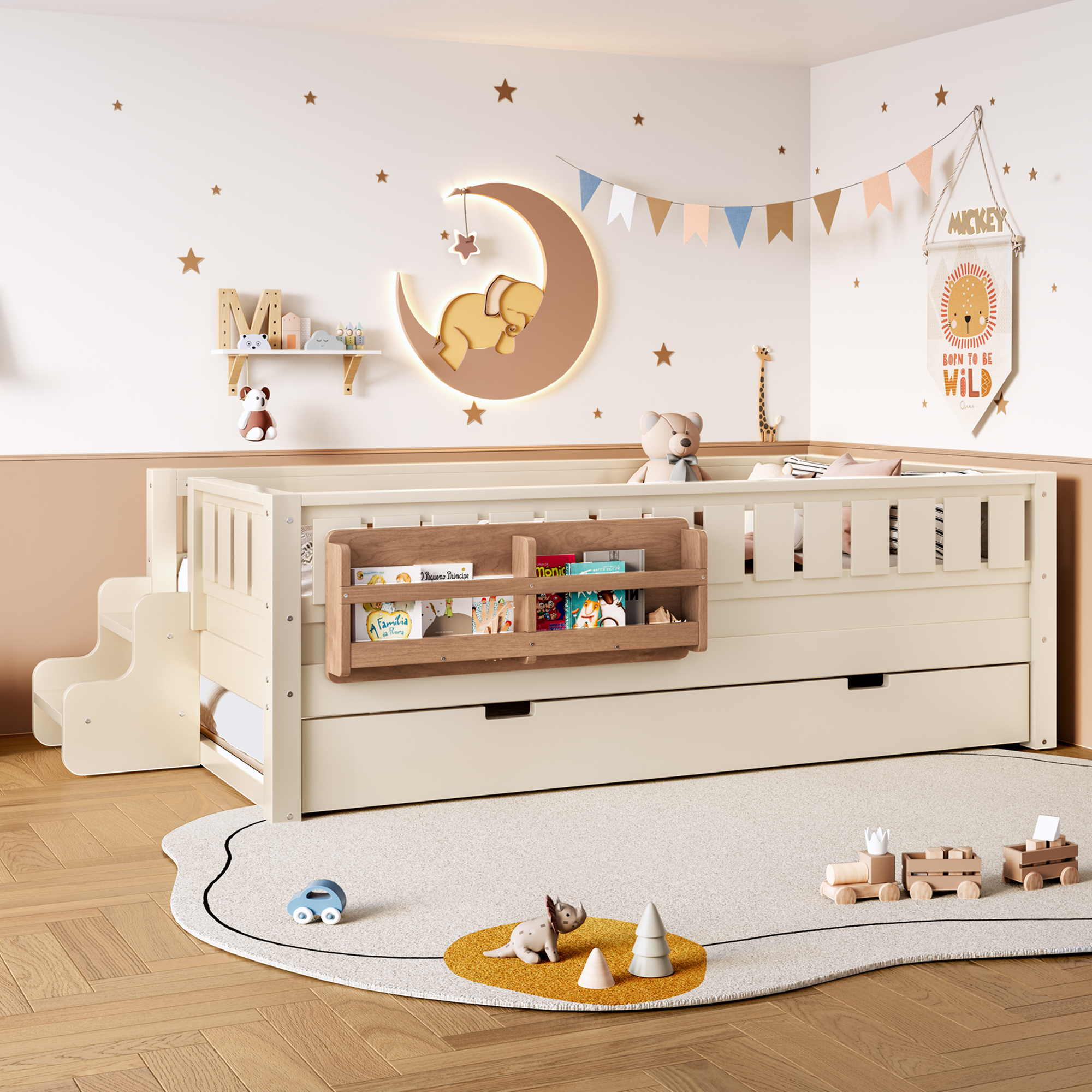 Twin with built-in bookshelves and small staircase, high-quality safety rails, and Trundle, Beige - Image 5