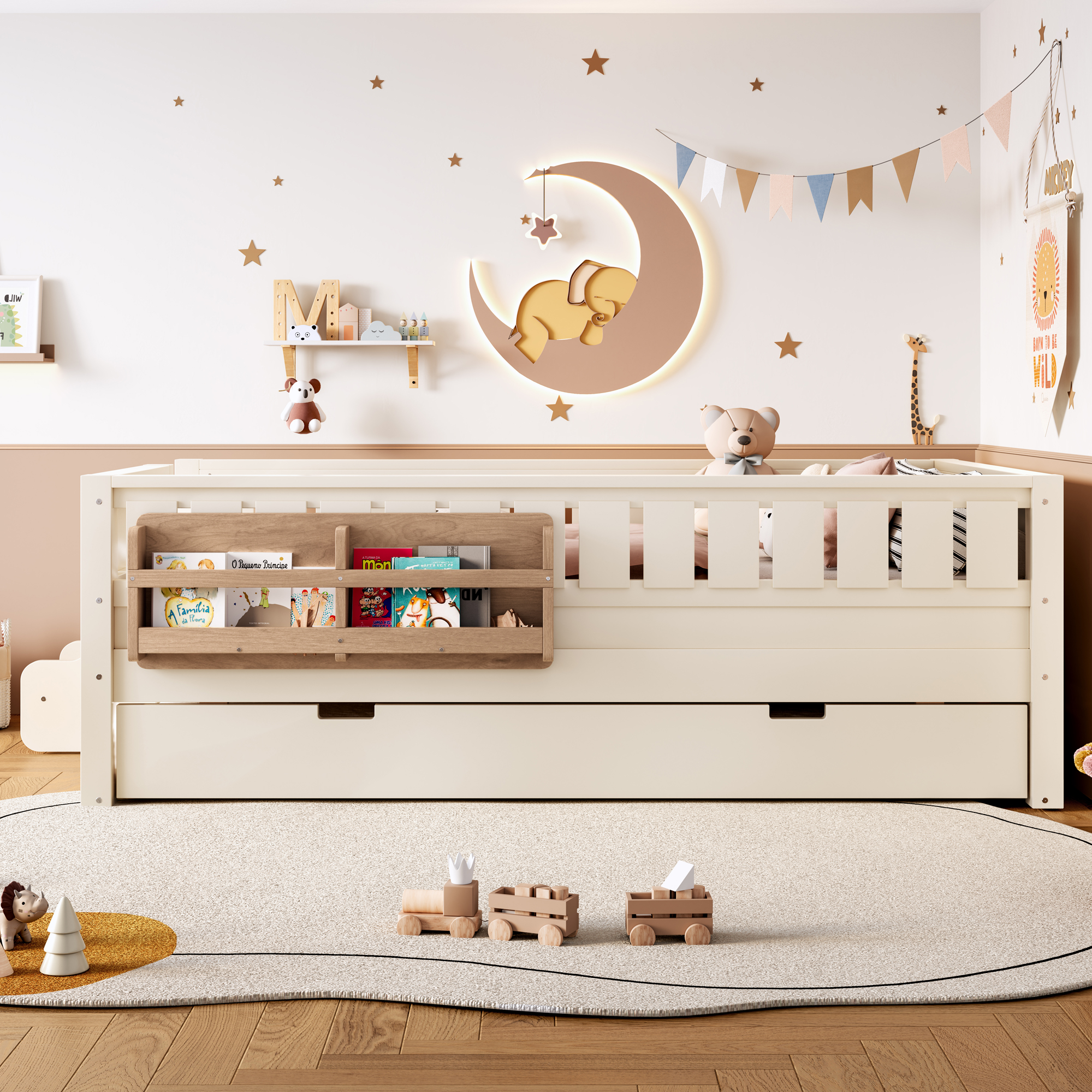 Twin with built-in bookshelves and small staircase, high-quality safety rails, and Trundle, Beige - Image 4