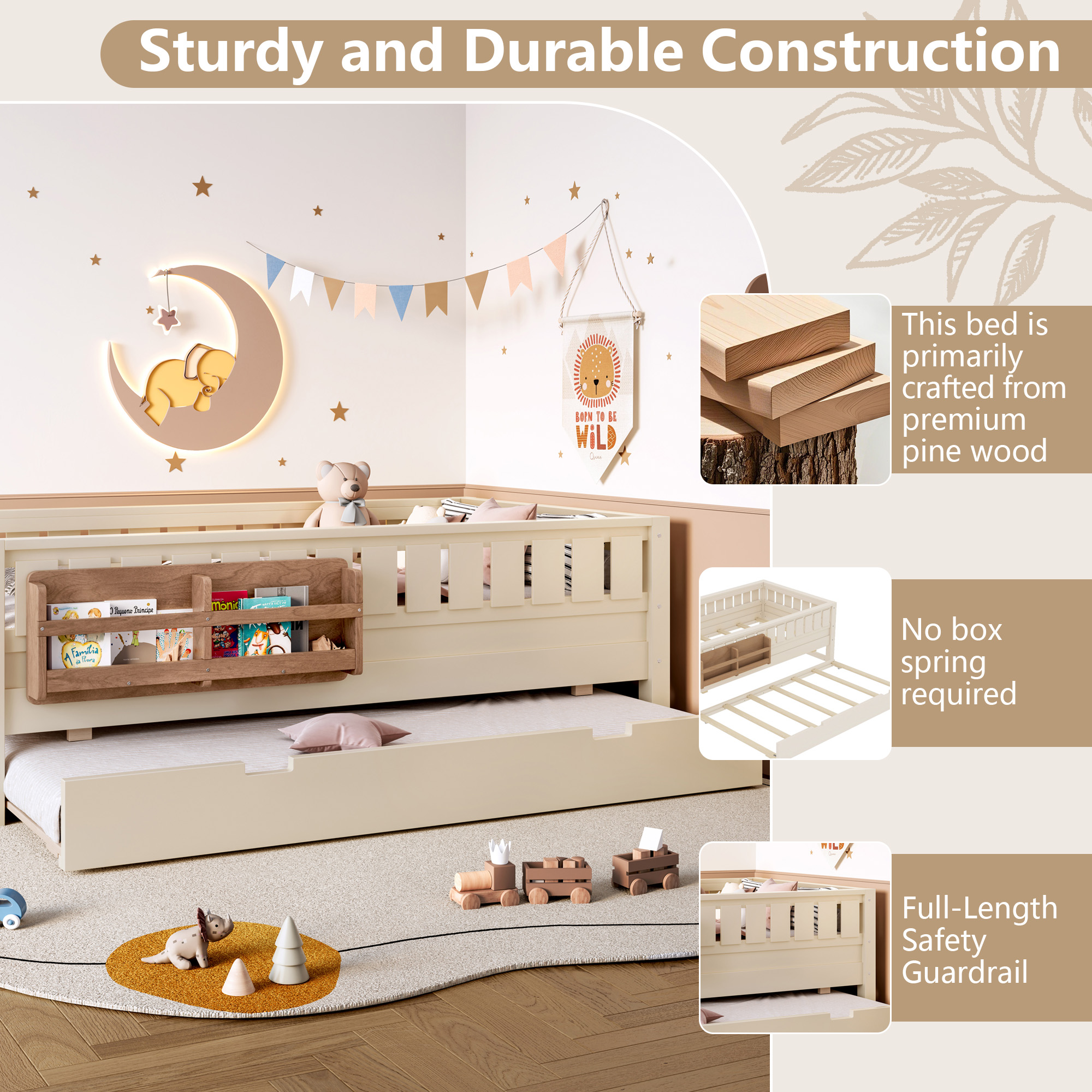 Twin with built-in bookshelves and small staircase, high-quality safety rails, and Trundle, Beige - Image 6