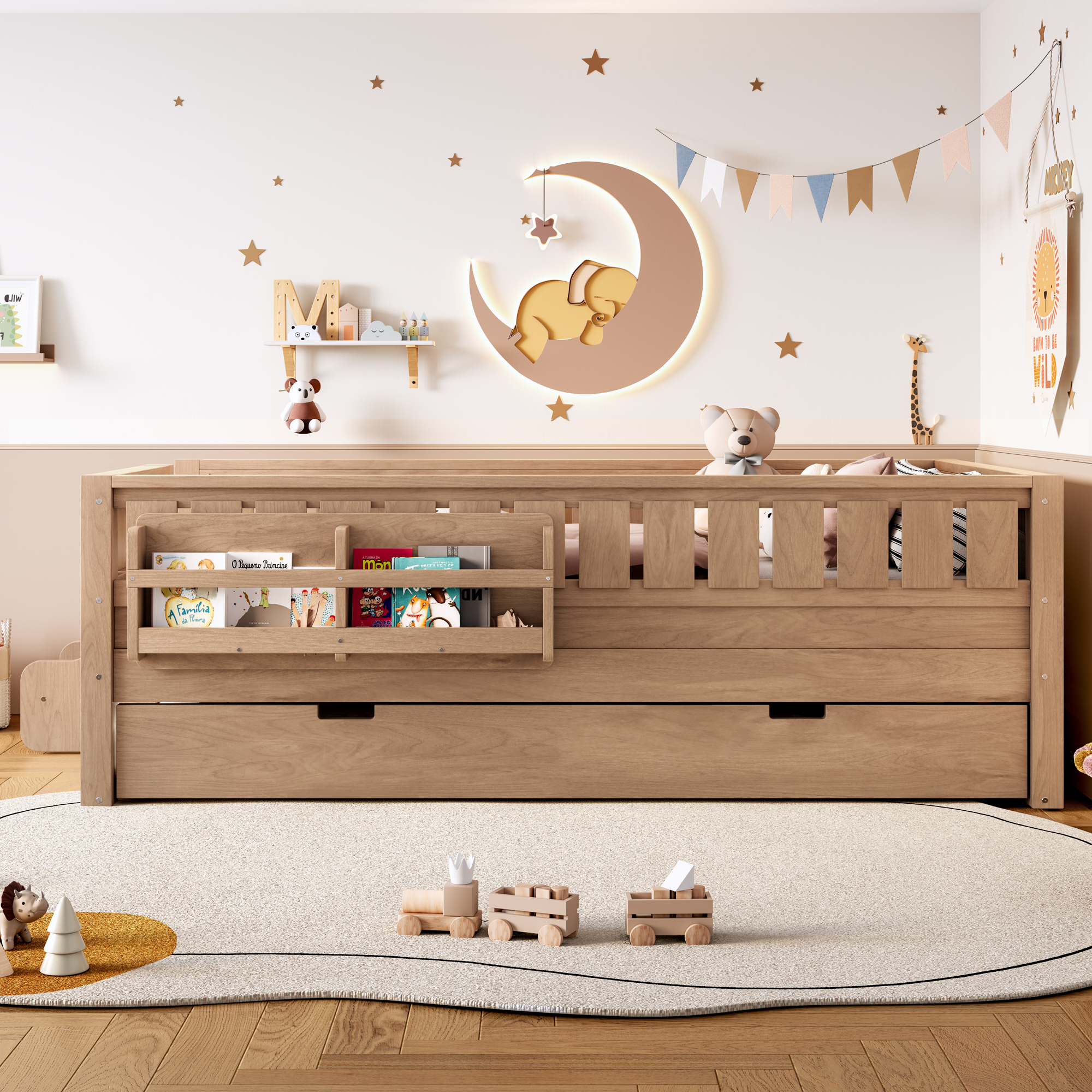 Twin with built-in bookshelves and small staircase, high-quality safety rails, and Trundle,Natural - Image 2