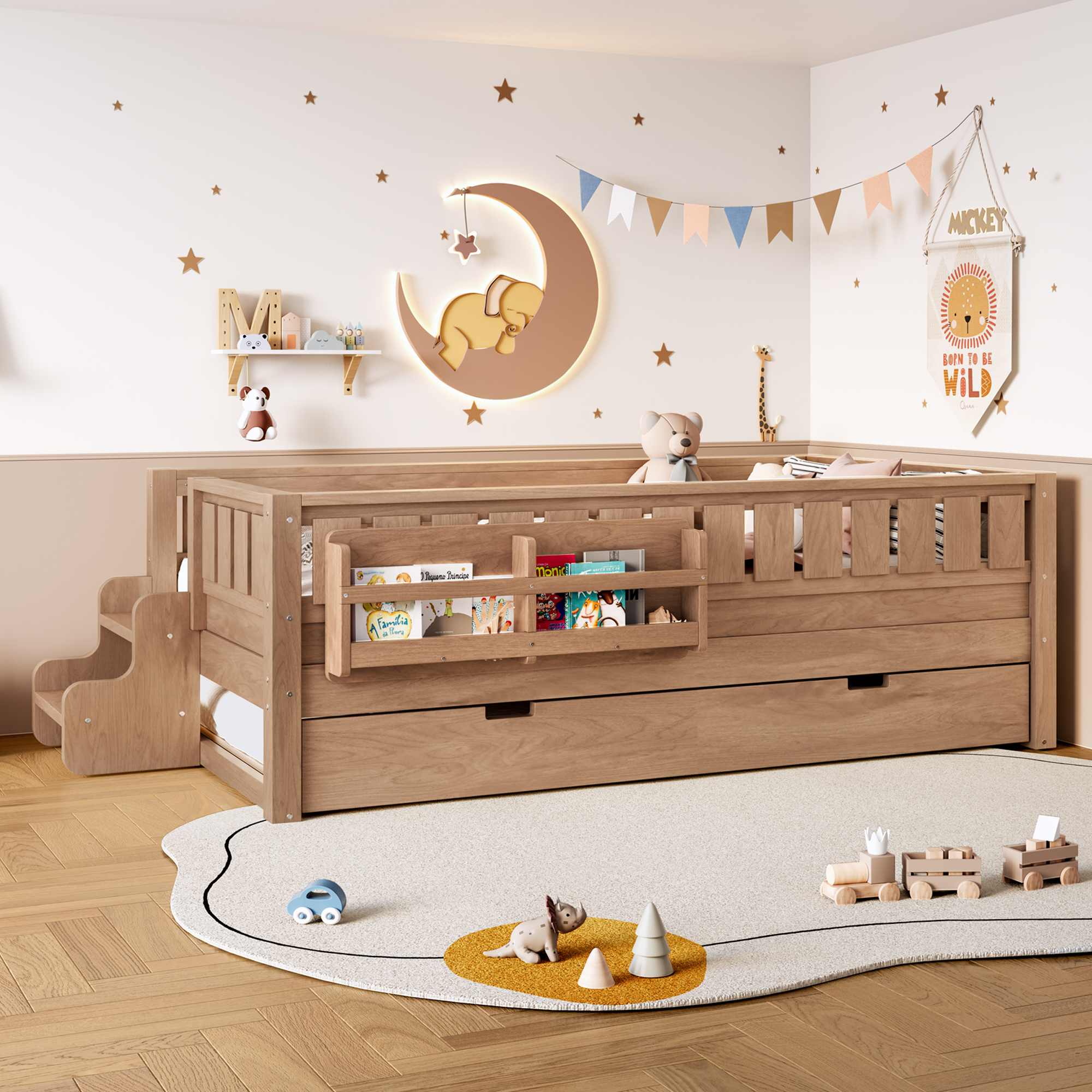 Twin with built-in bookshelves and small staircase, high-quality safety rails, and Trundle,Natural - Image 3