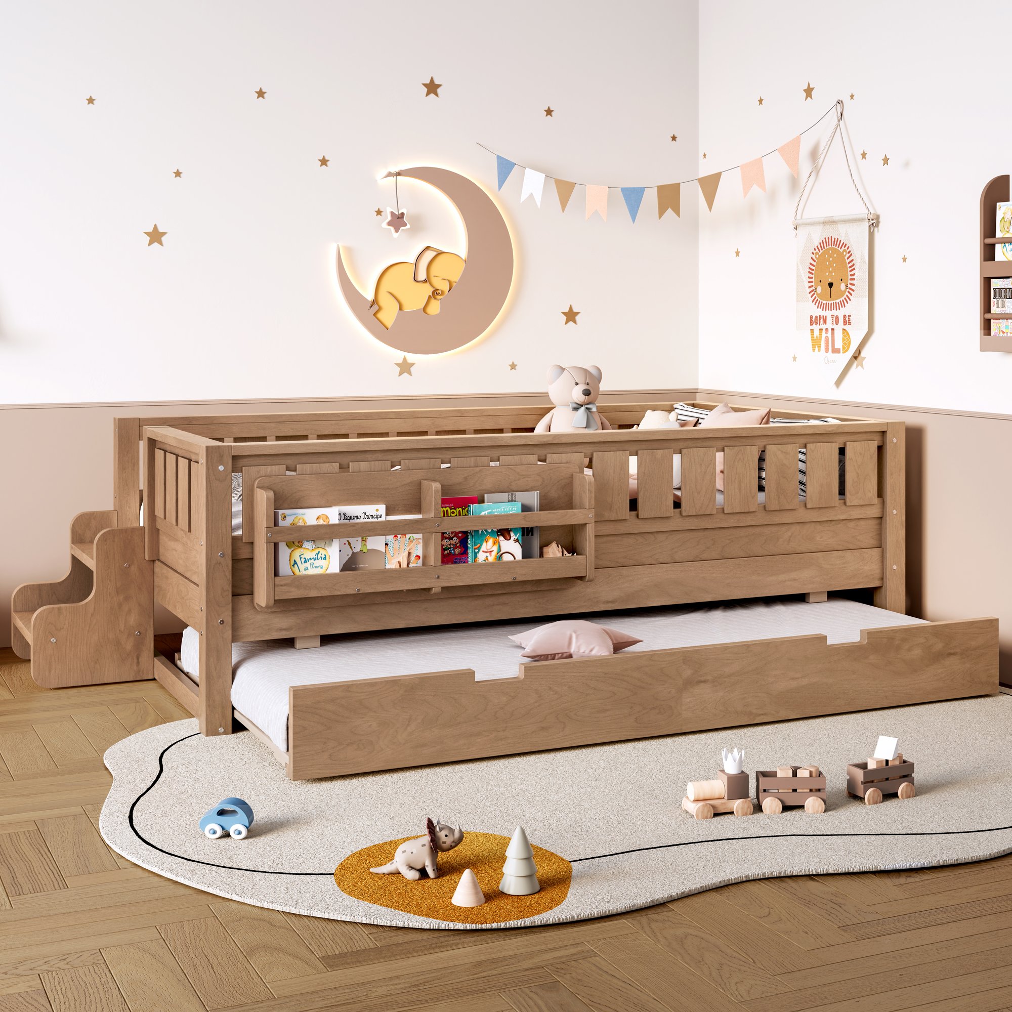 Twin with built-in bookshelves and small staircase, high-quality safety rails, and Trundle,Natural - Image 4