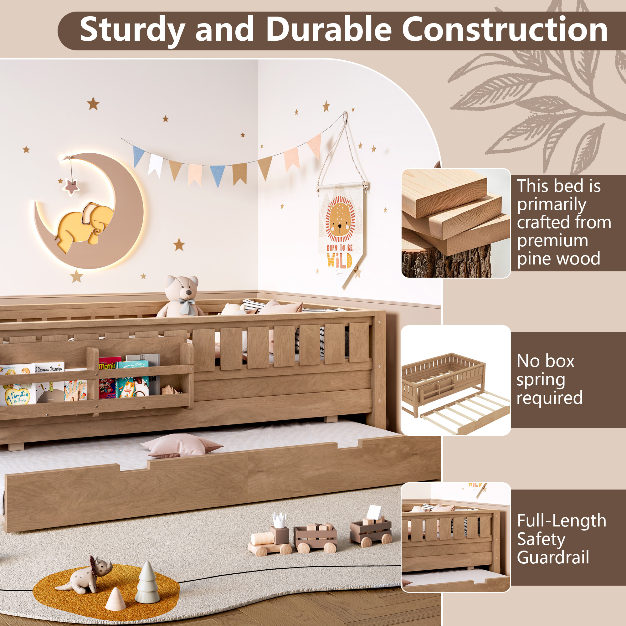 Twin with built-in bookshelves and small staircase, high-quality safety rails, and Trundle,Natural - Image 5