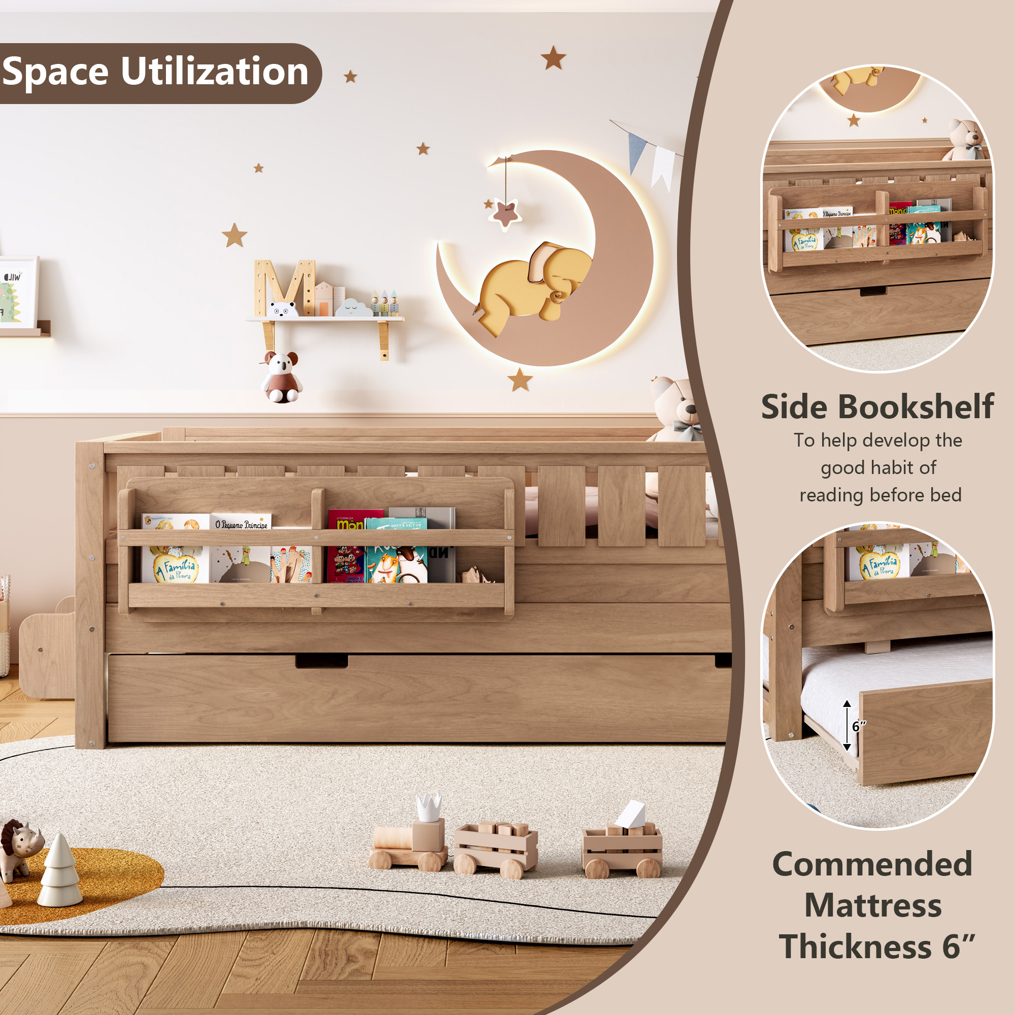 Twin with built-in bookshelves and small staircase, high-quality safety rails, and Trundle,Natural - Image 6