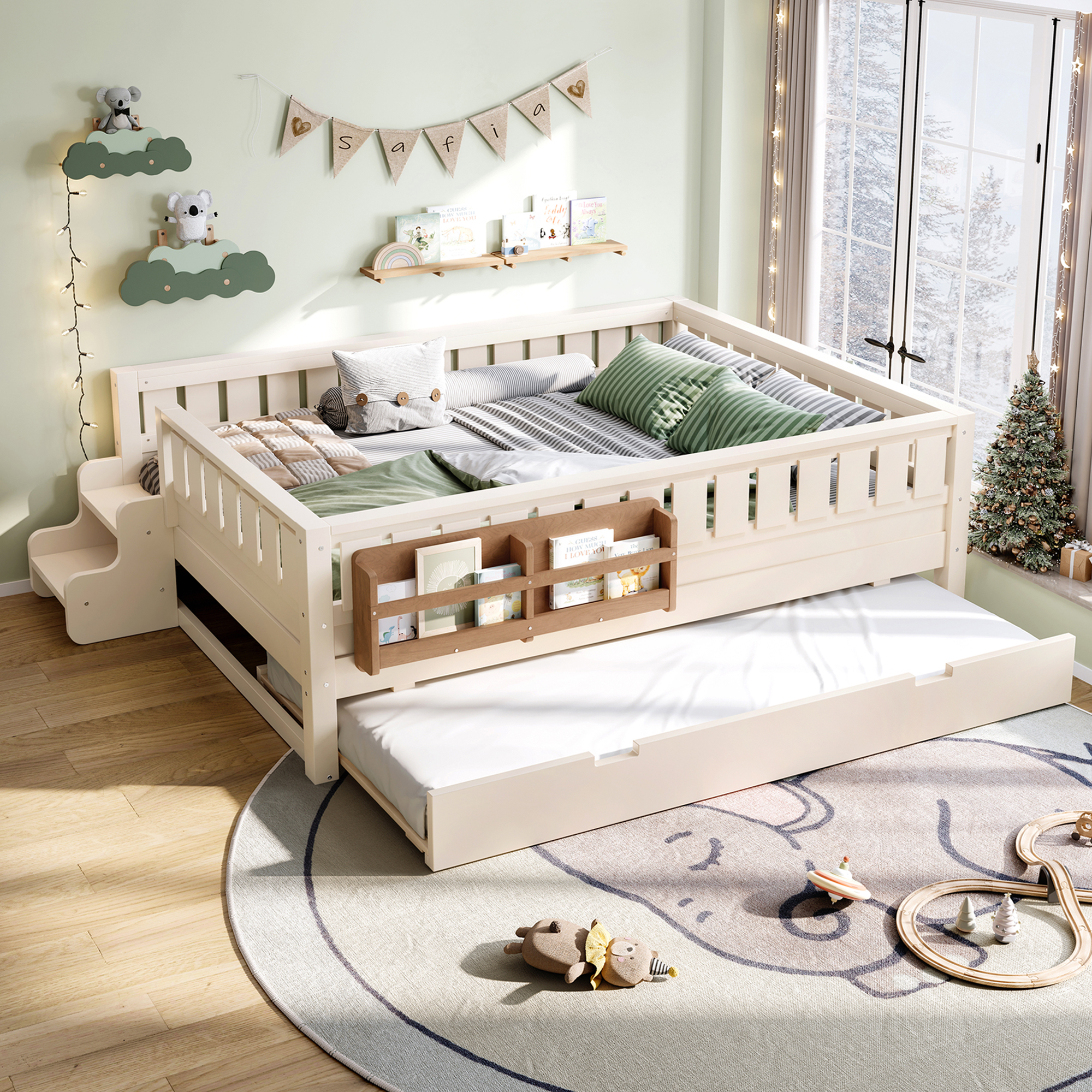 Full with built-in bookshelves and small staircase, high-quality safety rails, and Trundle,Beige - Image 1