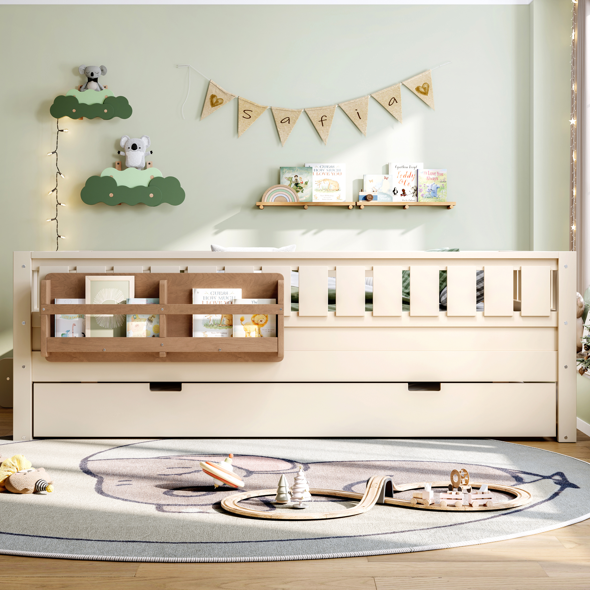 Full with built-in bookshelves and small staircase, high-quality safety rails, and Trundle,Beige - Image 2