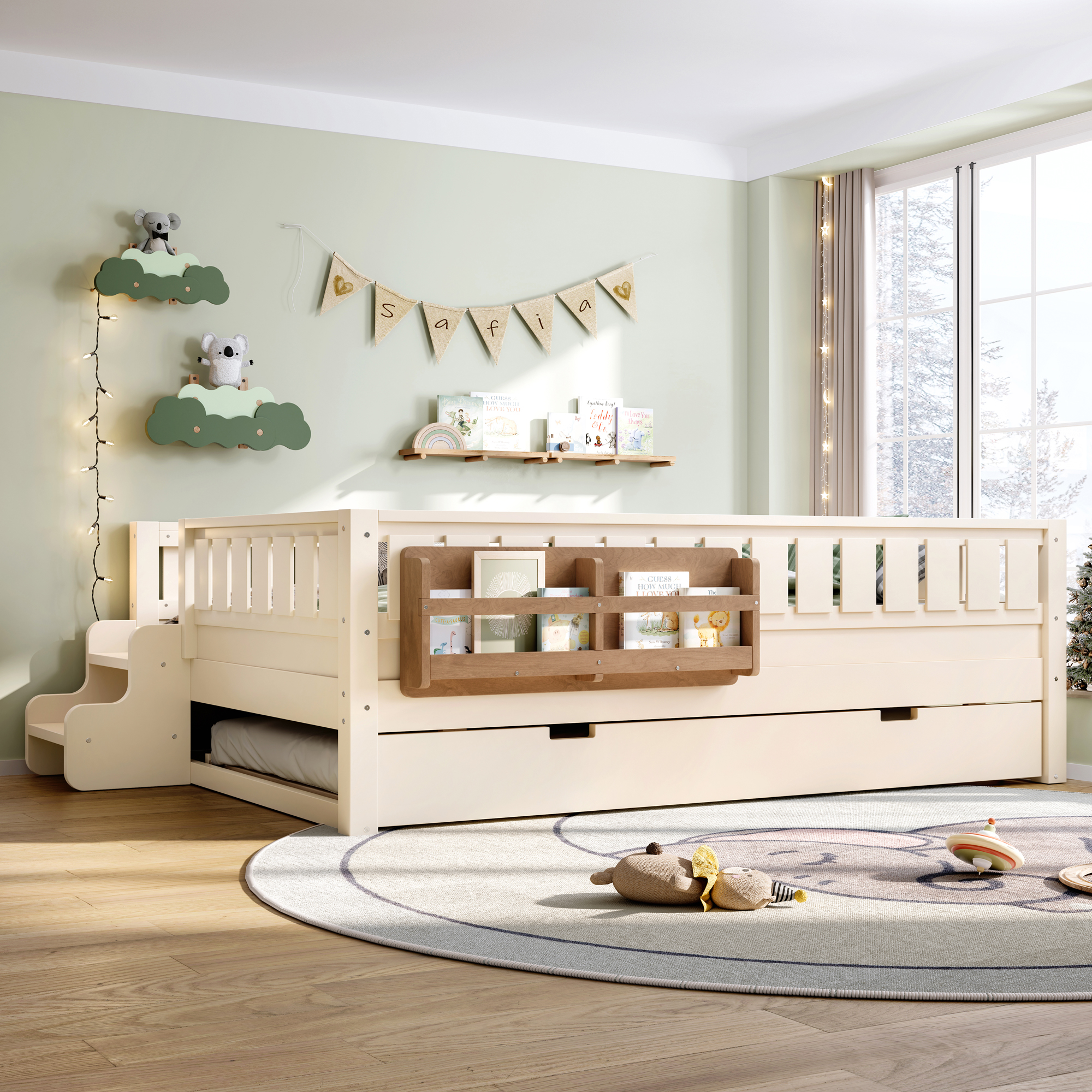 Full with built-in bookshelves and small staircase, high-quality safety rails, and Trundle,Beige - Image 3