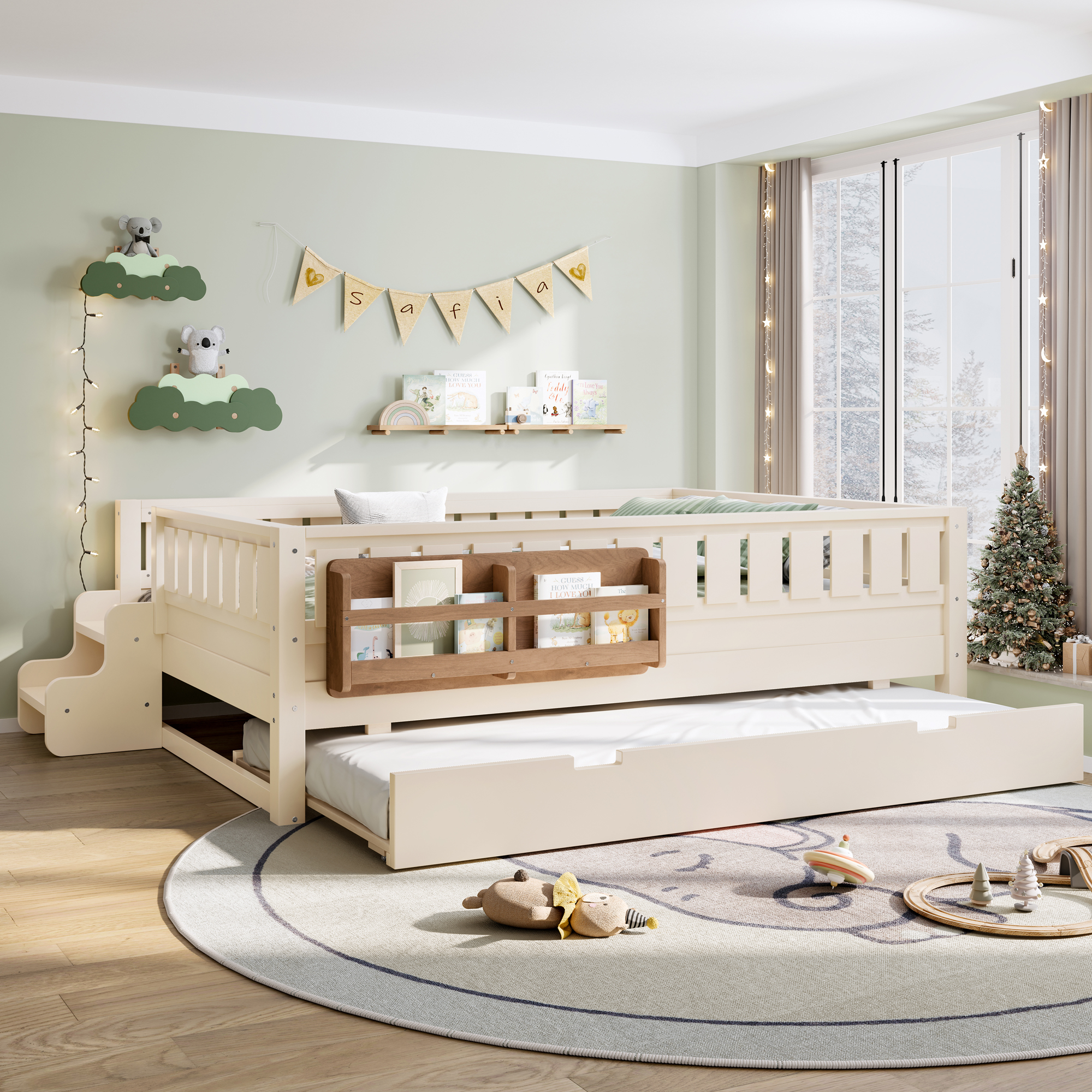 Full with built-in bookshelves and small staircase, high-quality safety rails, and Trundle,Beige - Image 4