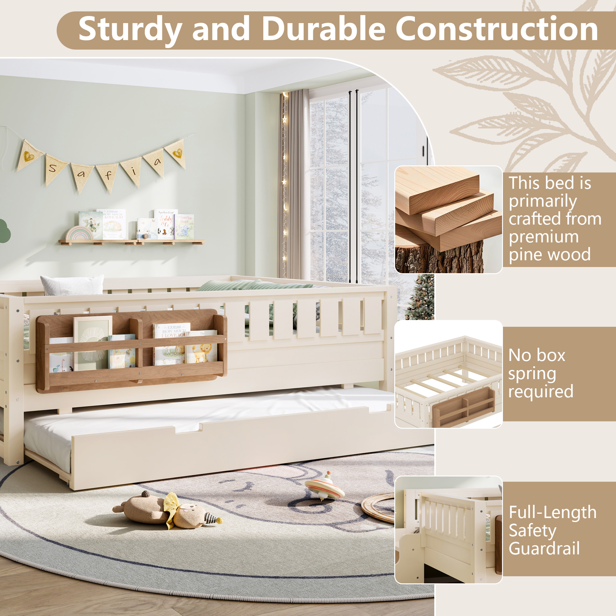 Full with built-in bookshelves and small staircase, high-quality safety rails, and Trundle,Beige - Image 5