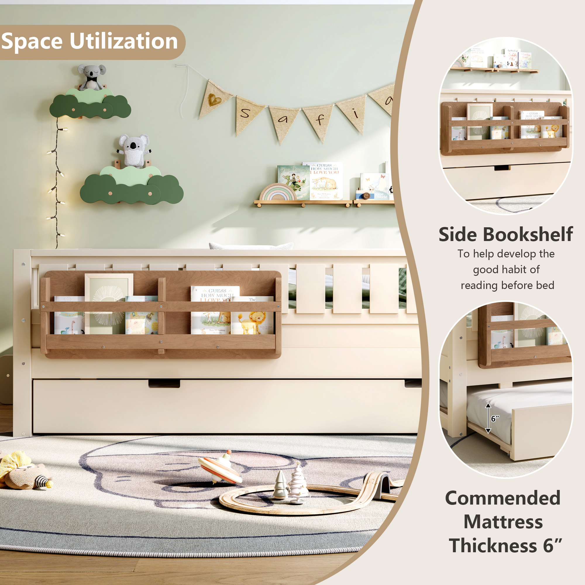 Full with built-in bookshelves and small staircase, high-quality safety rails, and Trundle,Beige - Image 6