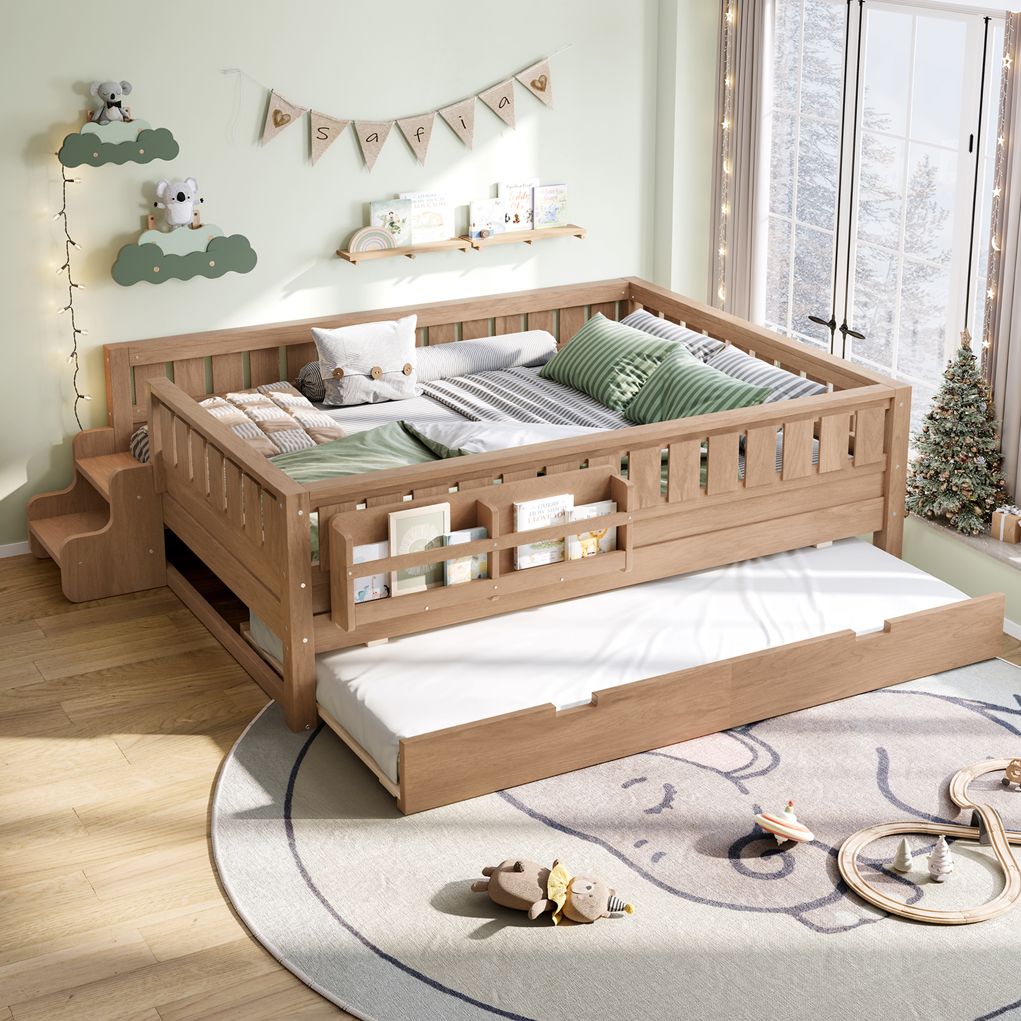 Full with built-in bookshelves and small staircase, high-quality safety rails, and Trundle,Natural - Image 1