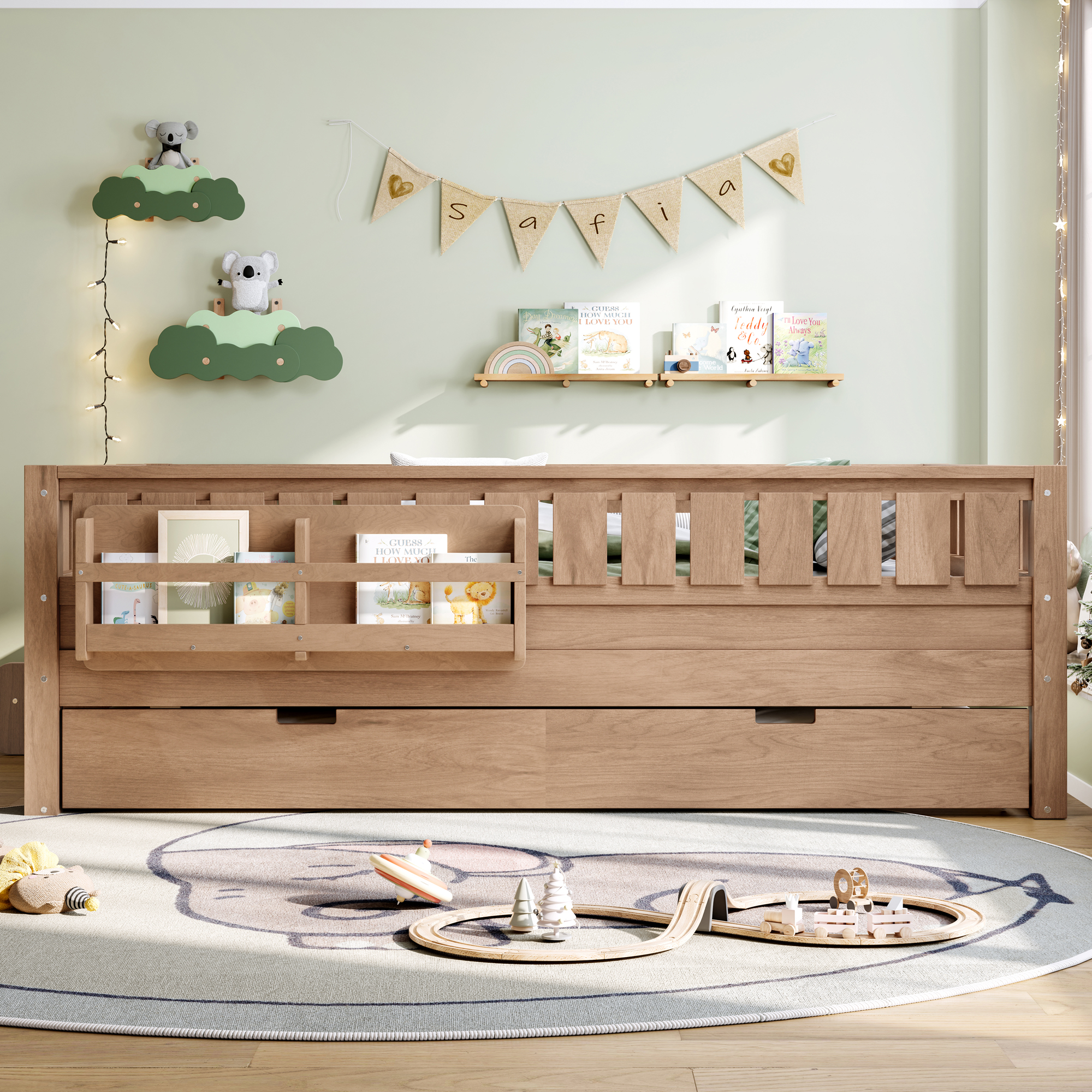 Full with built-in bookshelves and small staircase, high-quality safety rails, and Trundle,Natural - Image 2