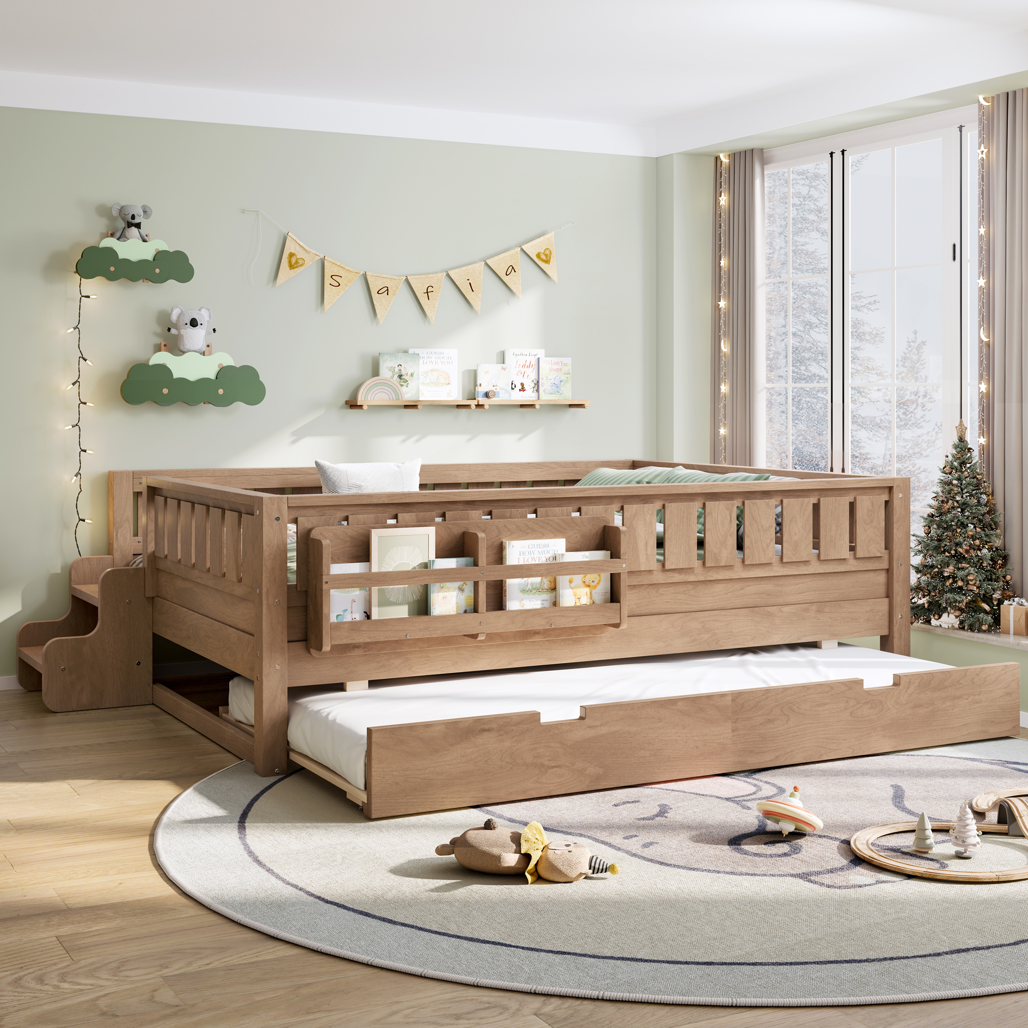 Full with built-in bookshelves and small staircase, high-quality safety rails, and Trundle,Natural - Image 3