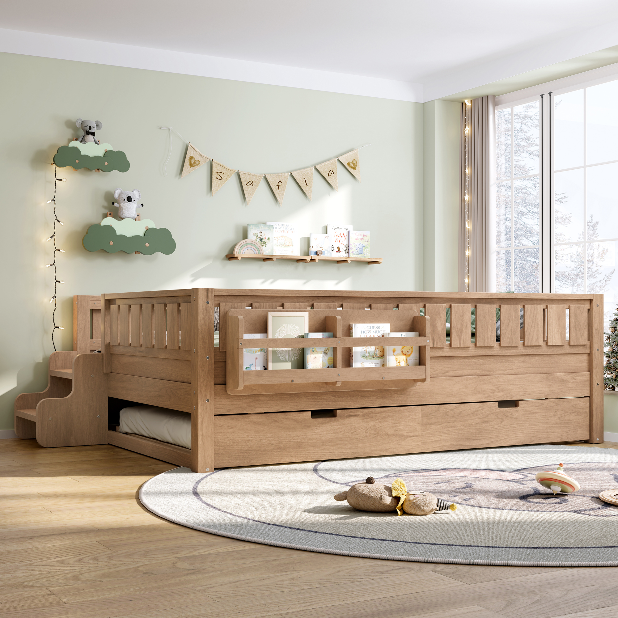 Full with built-in bookshelves and small staircase, high-quality safety rails, and Trundle,Natural - Image 4