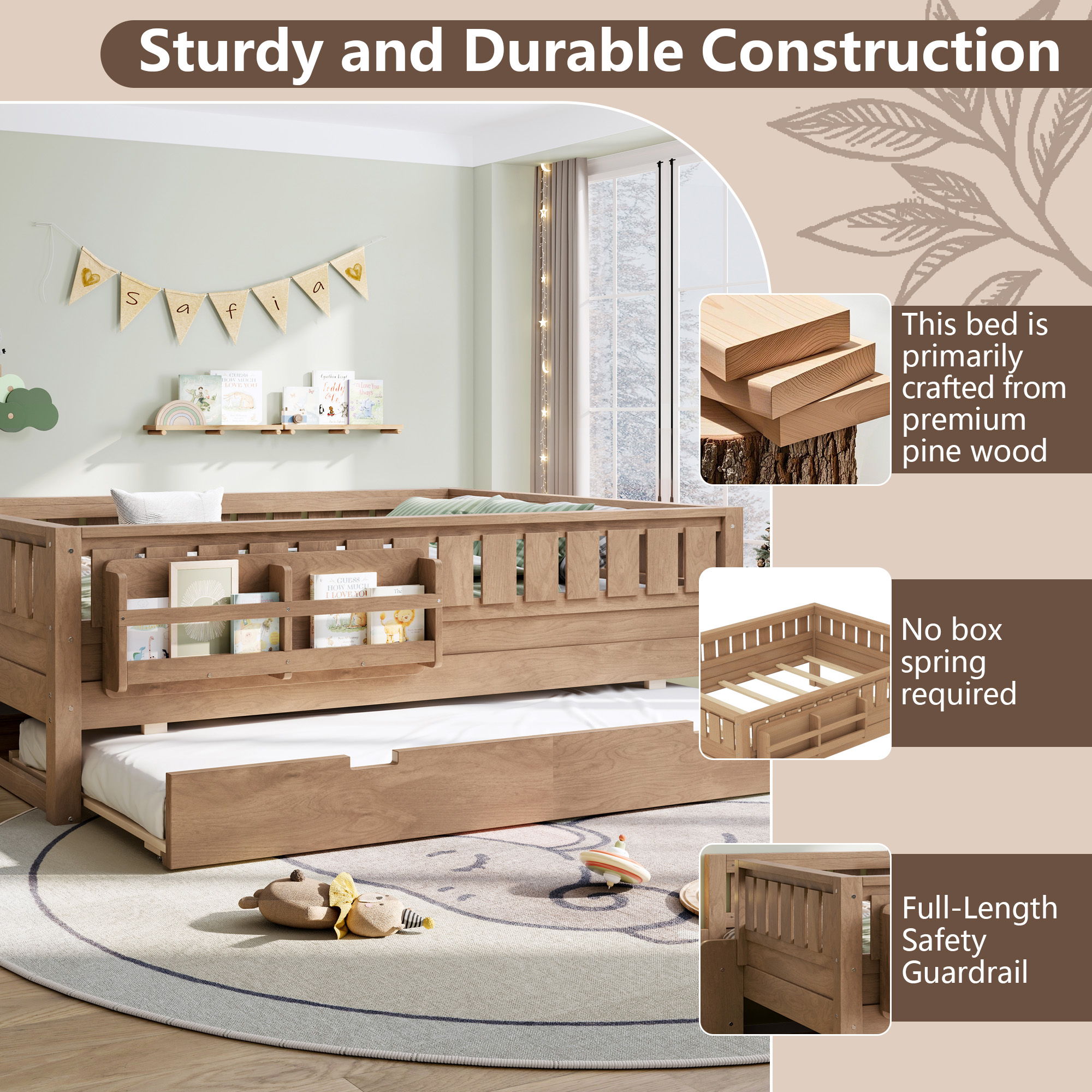 Full with built-in bookshelves and small staircase, high-quality safety rails, and Trundle,Natural - Image 5