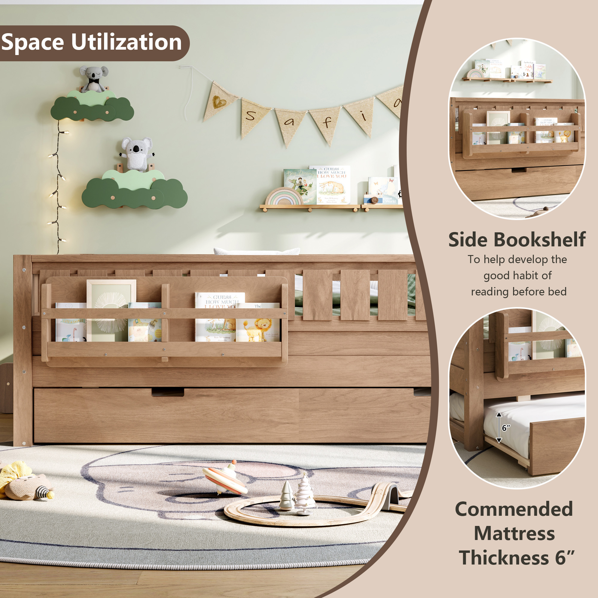 Full with built-in bookshelves and small staircase, high-quality safety rails, and Trundle,Natural - Image 6
