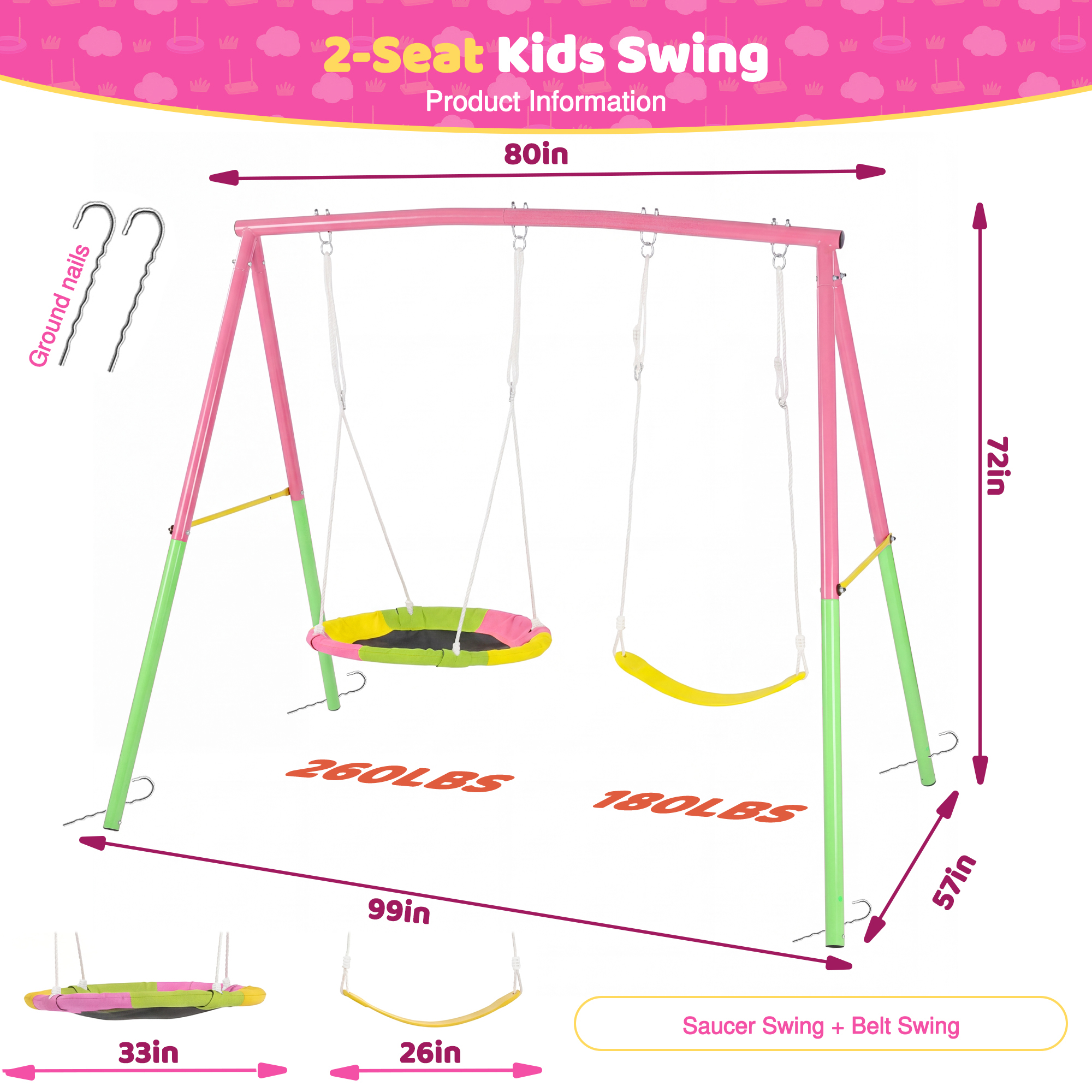 Swing Set for Backyard, 330lbs Swing Set with Heavy-Duty A-Frame Metal Outdoor Swing Stand, 1 Saucer Swing Seat & 1 Belt Swings Seat - Image 2
