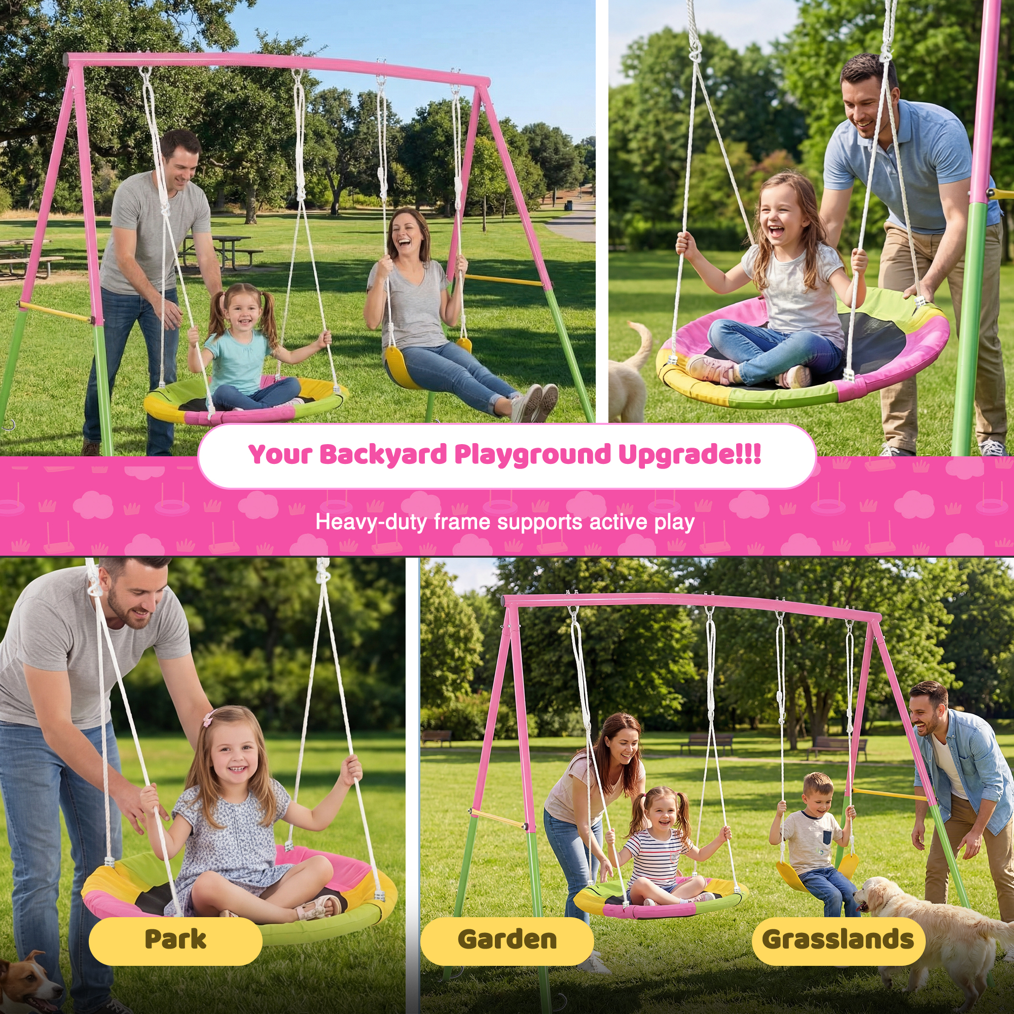 Swing Set for Backyard, 330lbs Swing Set with Heavy-Duty A-Frame Metal Outdoor Swing Stand, 1 Saucer Swing Seat & 1 Belt Swings Seat - Image 4