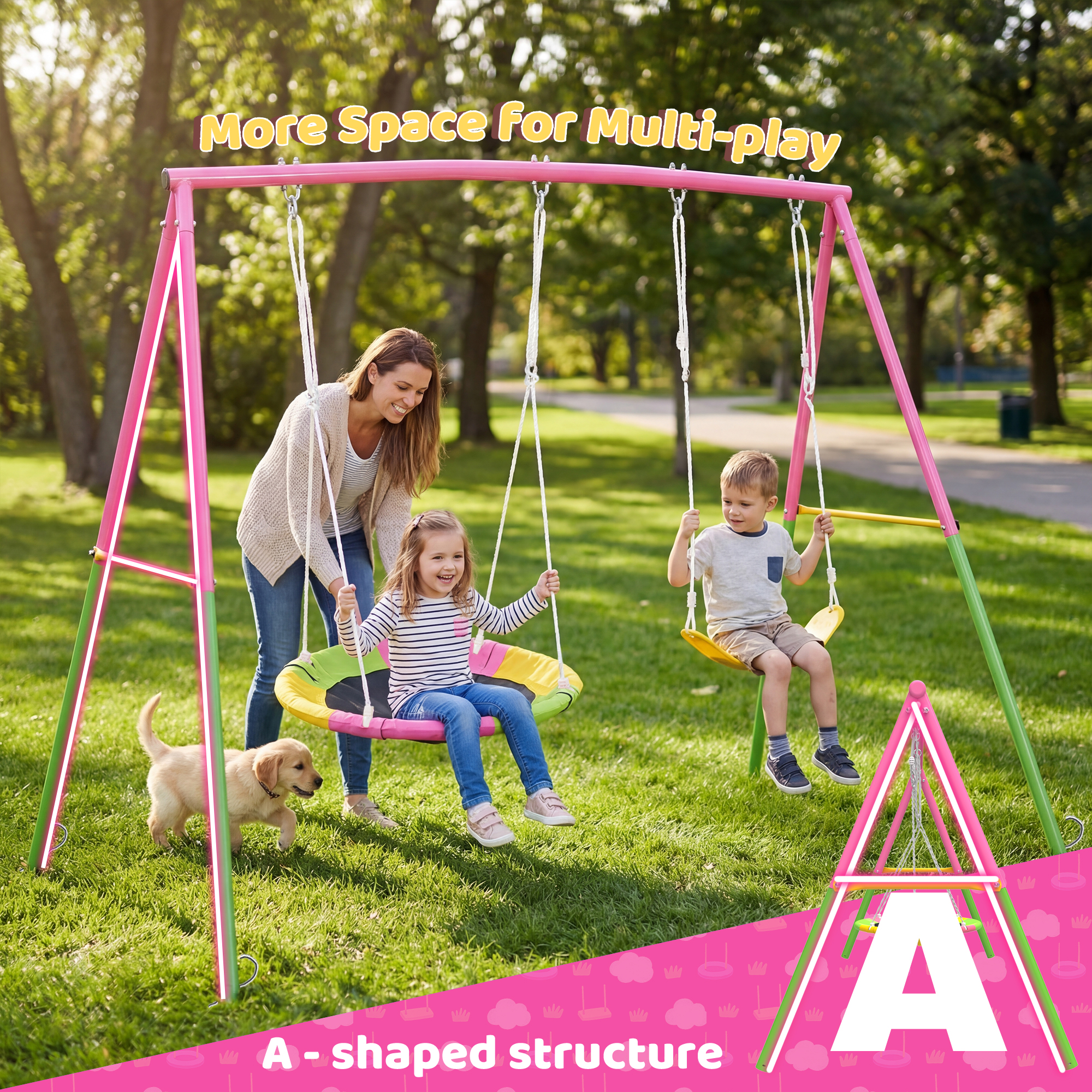 Swing Set for Backyard, 330lbs Swing Set with Heavy-Duty A-Frame Metal Outdoor Swing Stand, 1 Saucer Swing Seat & 1 Belt Swings Seat - Image 6