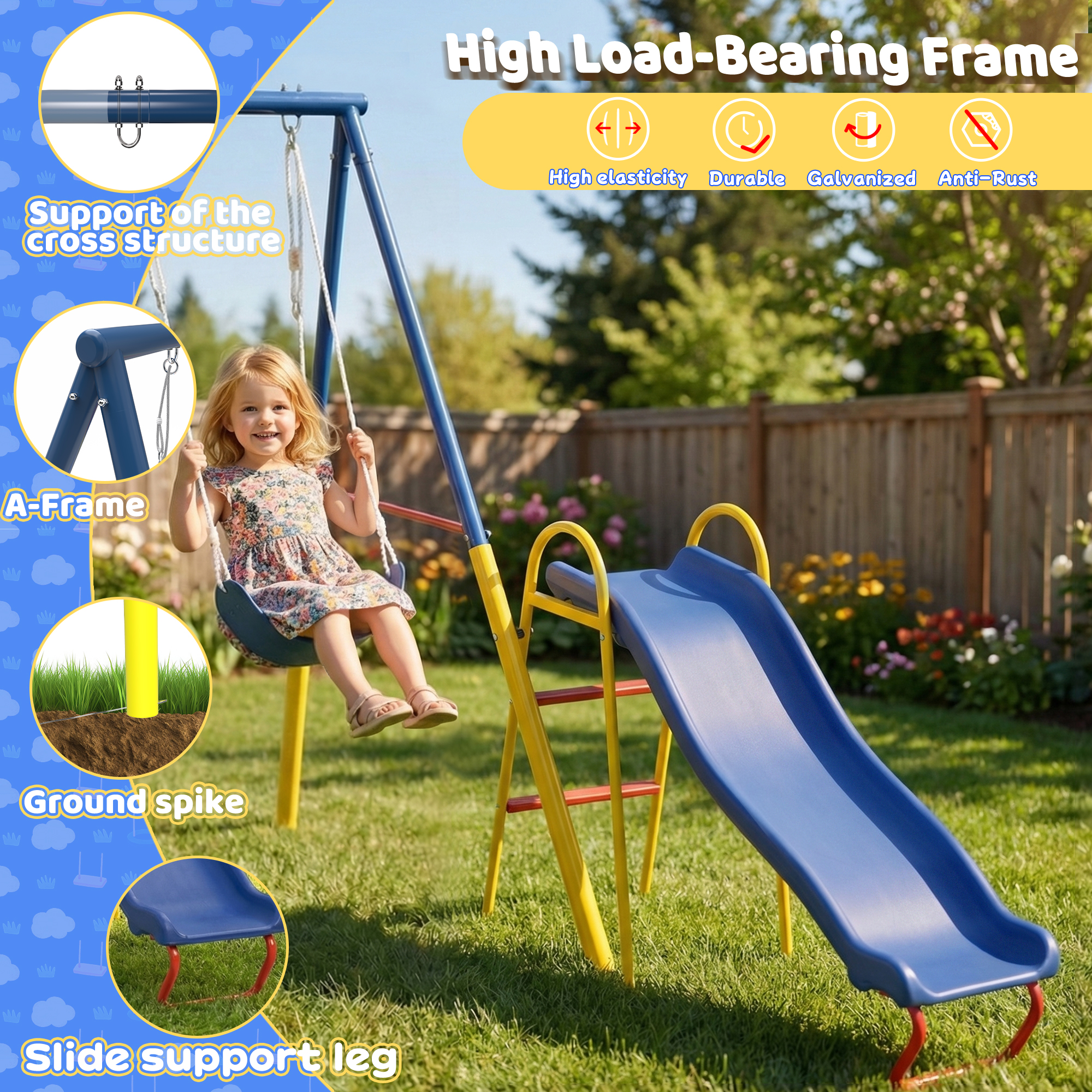 Swing Sets for Backyard with Kids Slide Outdoor Heavy-Duty Metal Playset 3 in 1 Swing Set with Slide - Image 4