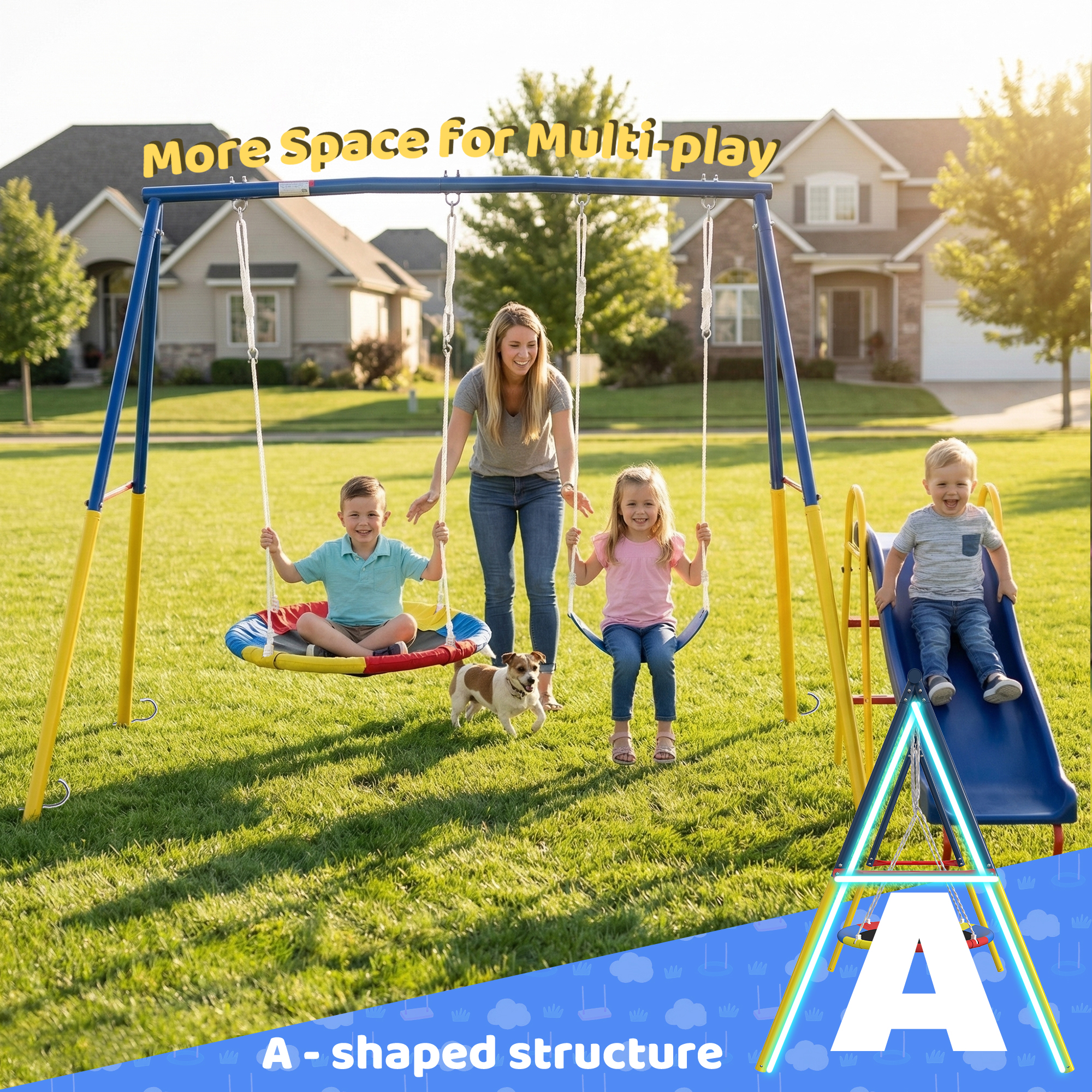 Swing Sets for Backyard with Kids Slide Outdoor Heavy-Duty Metal Playset 3 in 1 Swing Set with Slide - Image 5