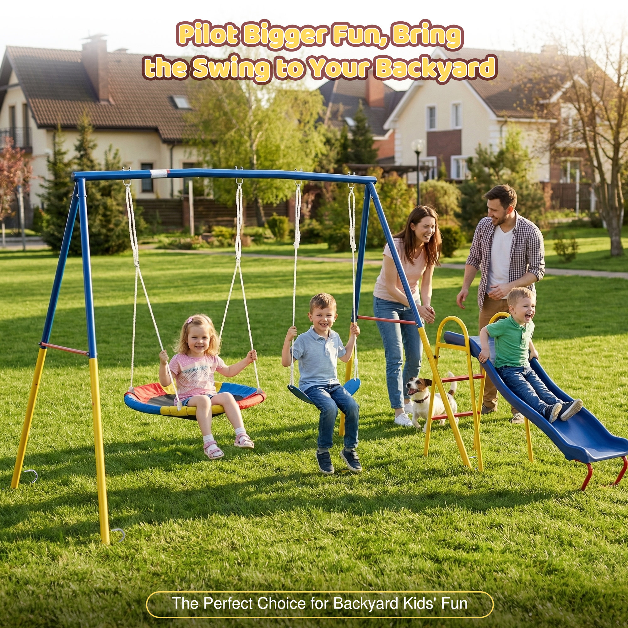 Swing Sets for Backyard with Kids Slide Outdoor Heavy-Duty Metal Playset 3 in 1 Swing Set with Slide - Image 6