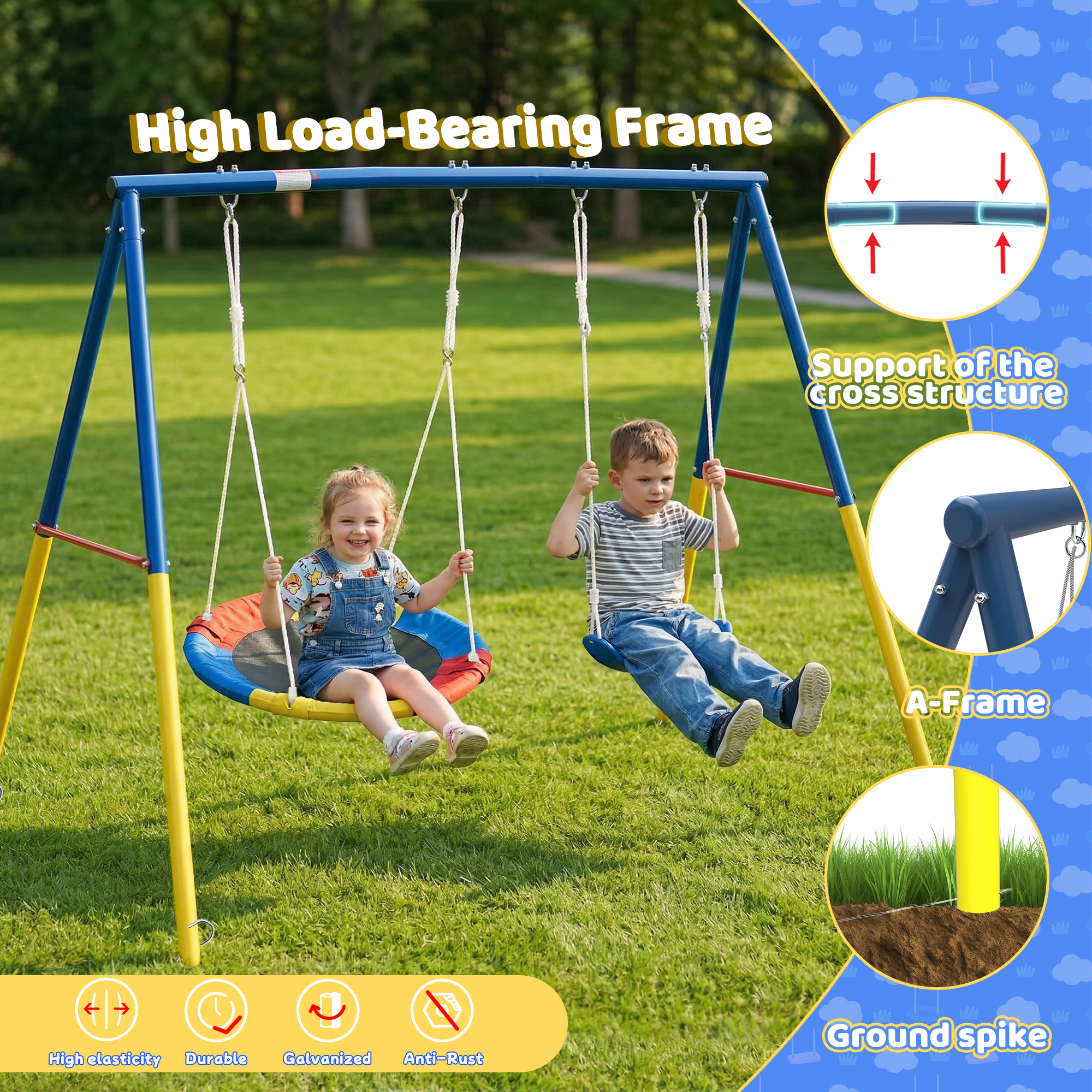 Swing Set for Backyard, 330lbs Swing Set with Heavy-Duty A-Frame Metal Outdoor Swing Stand, 1 Saucer Swing Seat & 1 Belt Swings Seat - Image 3