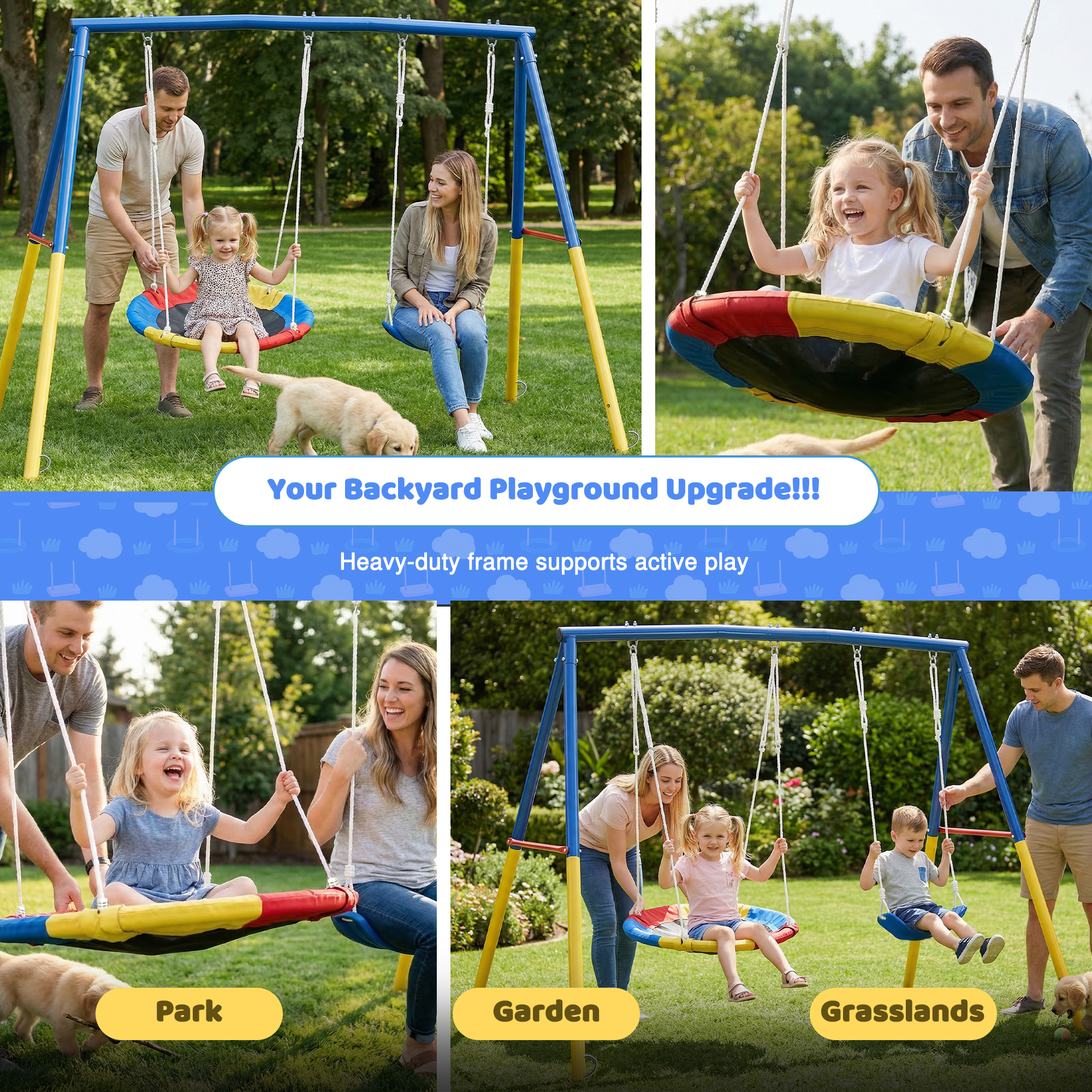 Swing Set for Backyard, 330lbs Swing Set with Heavy-Duty A-Frame Metal Outdoor Swing Stand, 1 Saucer Swing Seat & 1 Belt Swings Seat - Image 4