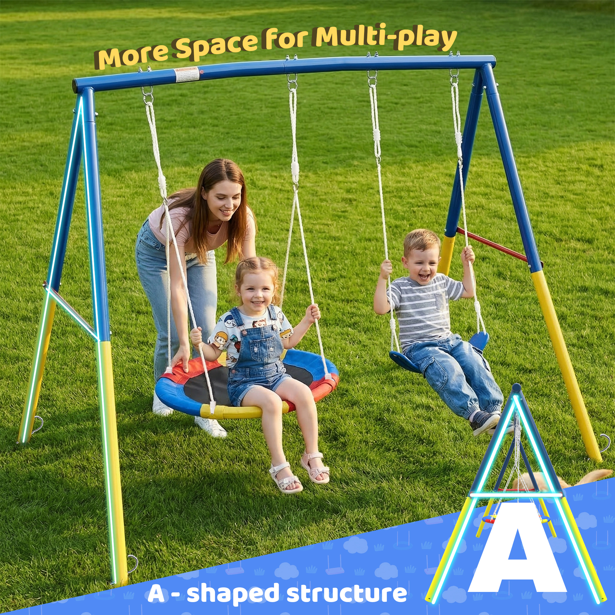 Swing Set for Backyard, 330lbs Swing Set with Heavy-Duty A-Frame Metal Outdoor Swing Stand, 1 Saucer Swing Seat & 1 Belt Swings Seat - Image 5
