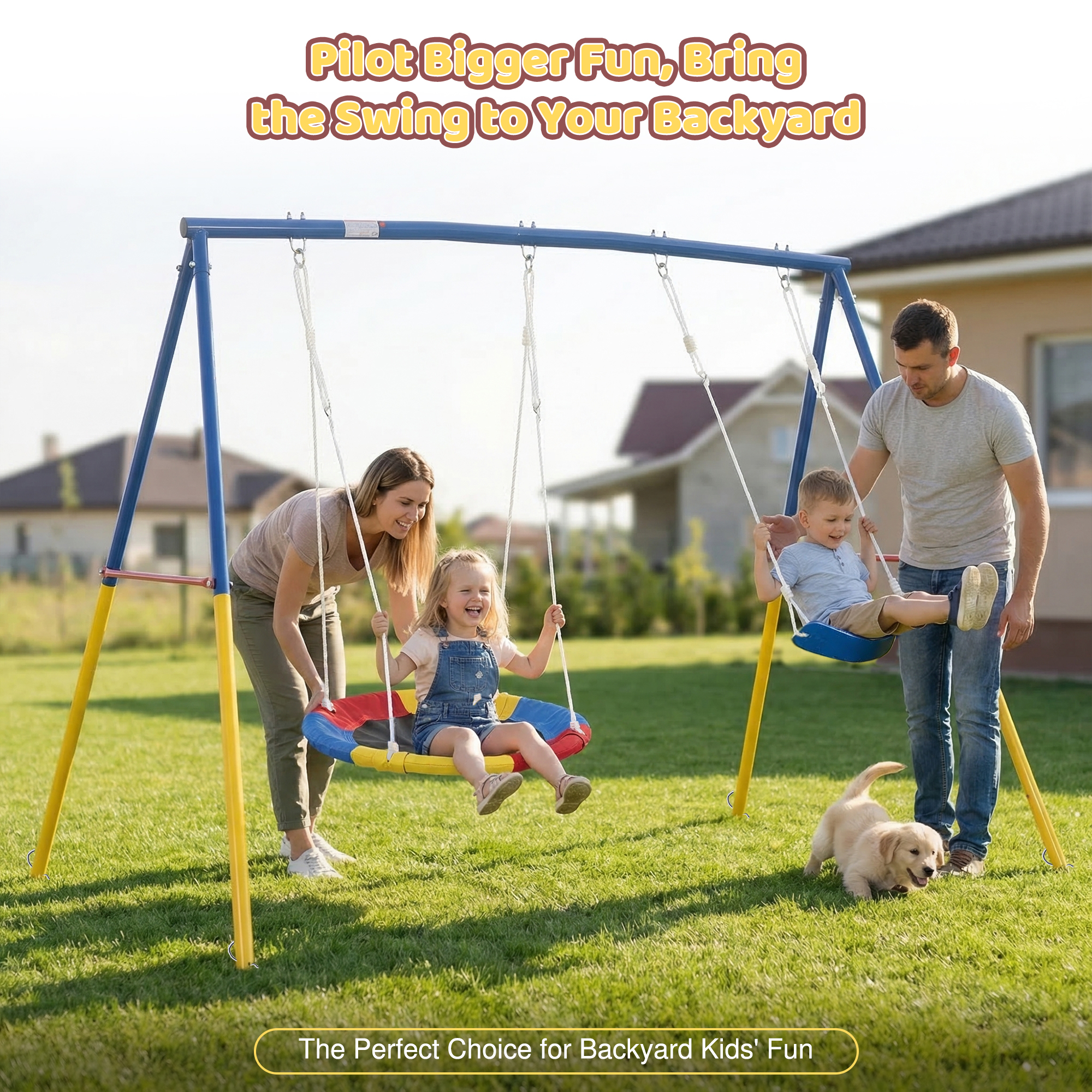 Swing Set for Backyard, 330lbs Swing Set with Heavy-Duty A-Frame Metal Outdoor Swing Stand, 1 Saucer Swing Seat & 1 Belt Swings Seat - Image 6