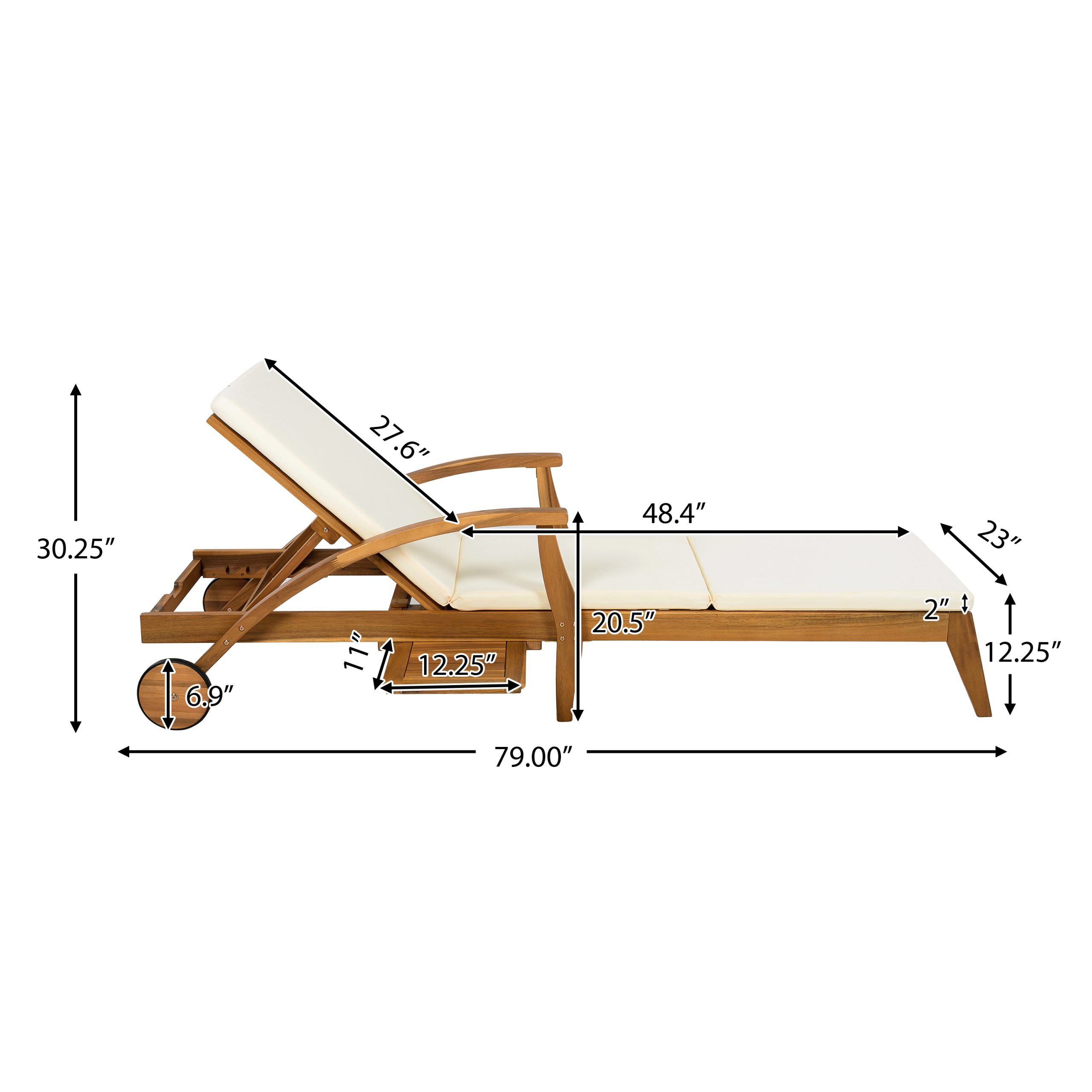 OUTDOOR RECLINER SIDE TABLE SET - COMES WITH 2 INCH CUSHION AND ADJUSTABLE BACKREST CHAISE LOUNGE WITH WHEEL & FOLDABLE AND ADJUSTABLE ACACIA WOOD SIDE TABLE FOR POOLSIDE PORCH - Image 3