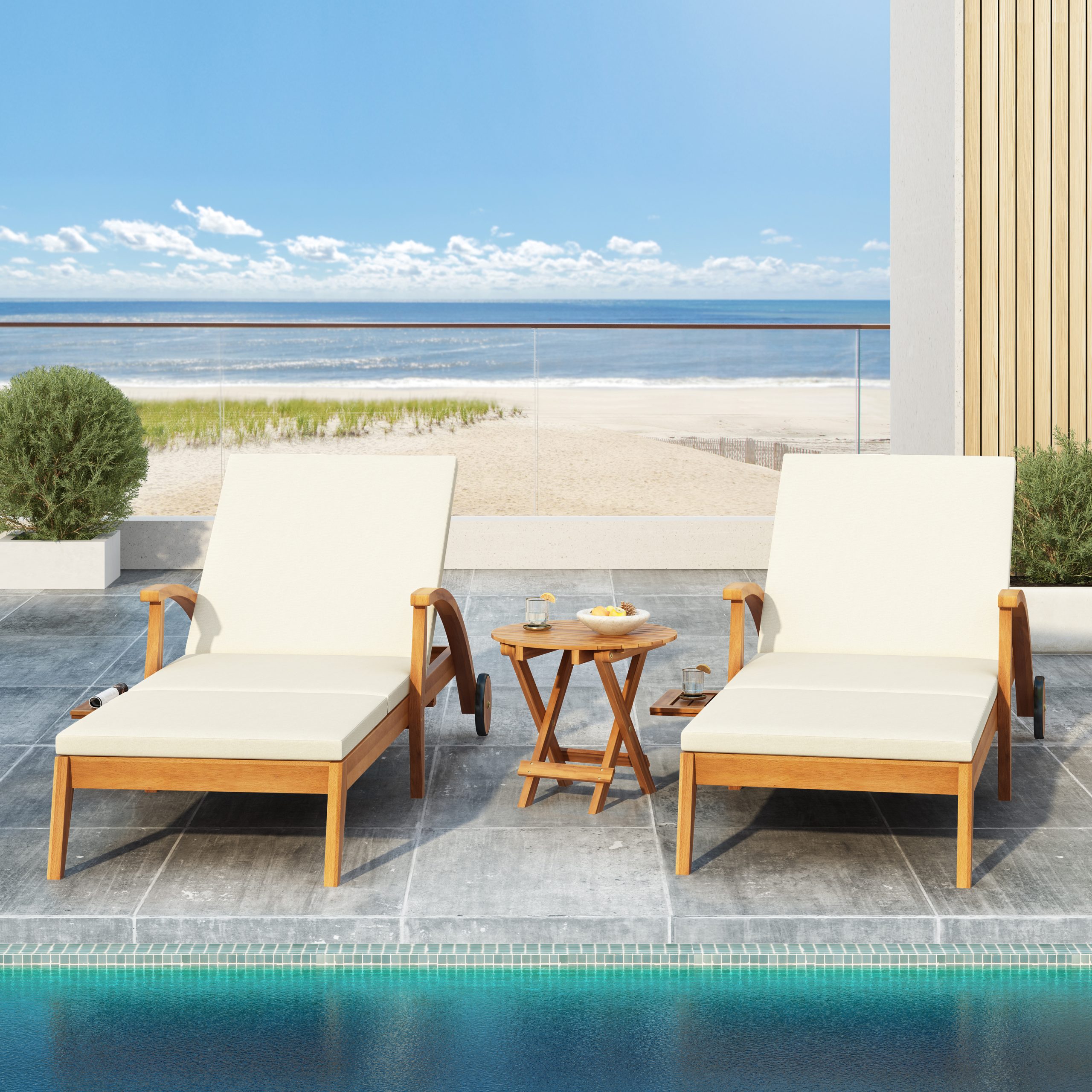 OUTDOOR RECLINER SIDE TABLE SET - COMES WITH 2 INCH CUSHION AND ADJUSTABLE BACKREST CHAISE LOUNGE WITH WHEEL & FOLDABLE AND ADJUSTABLE ACACIA WOOD SIDE TABLE FOR POOLSIDE PORCH - Image 5