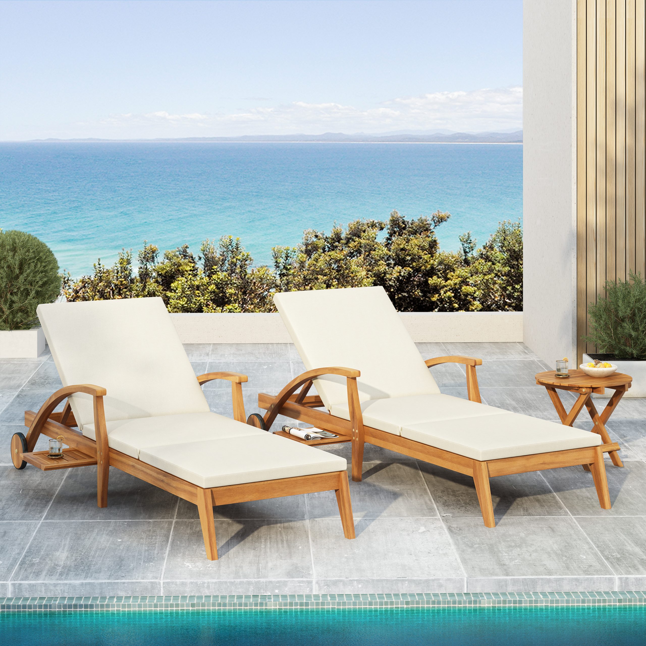 CHAISE LOUNGE WITH WHEEL - ACACIA WOOD RECLINER FOR PATIO/GARDEN, WITH 2INCH WHITE CUSHION, 4-POSITION ADJUSTABLE BACKREST, VERSATILE OUTDOOR FURNITURE ( Only 1 SET: 1 frame+ 1 Cushion) - Image 5